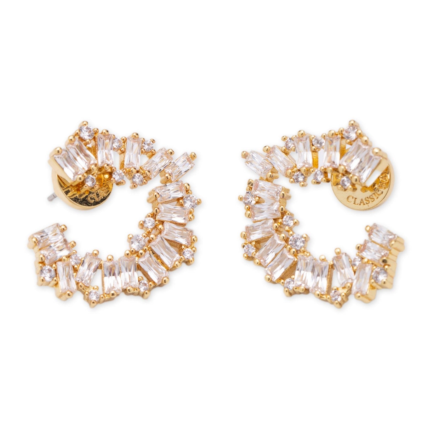 Gold Crescent Baguette Cubic Zirconia Stud Earrings