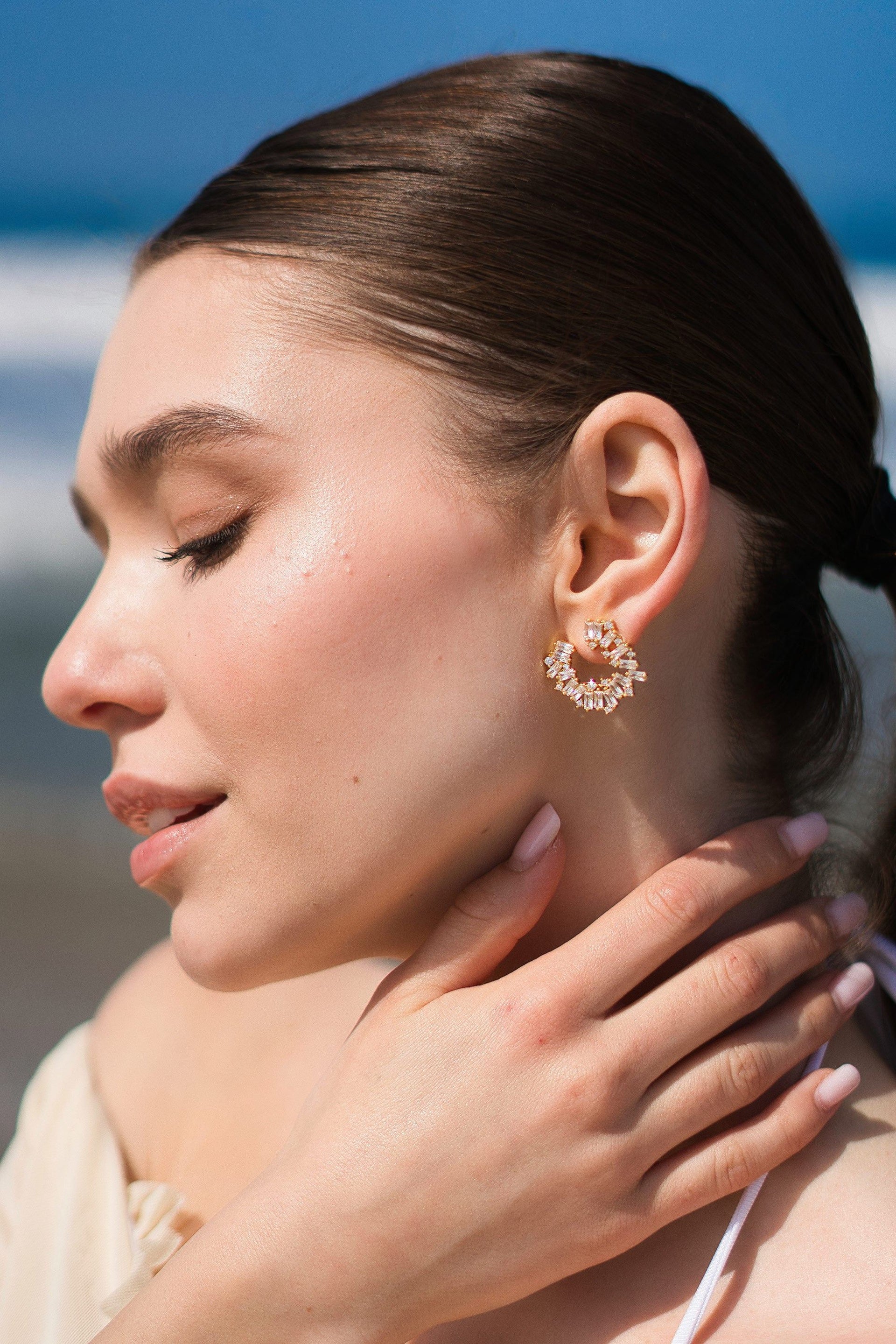 Gold Crescent Baguette Cubic Zirconia Stud Earrings