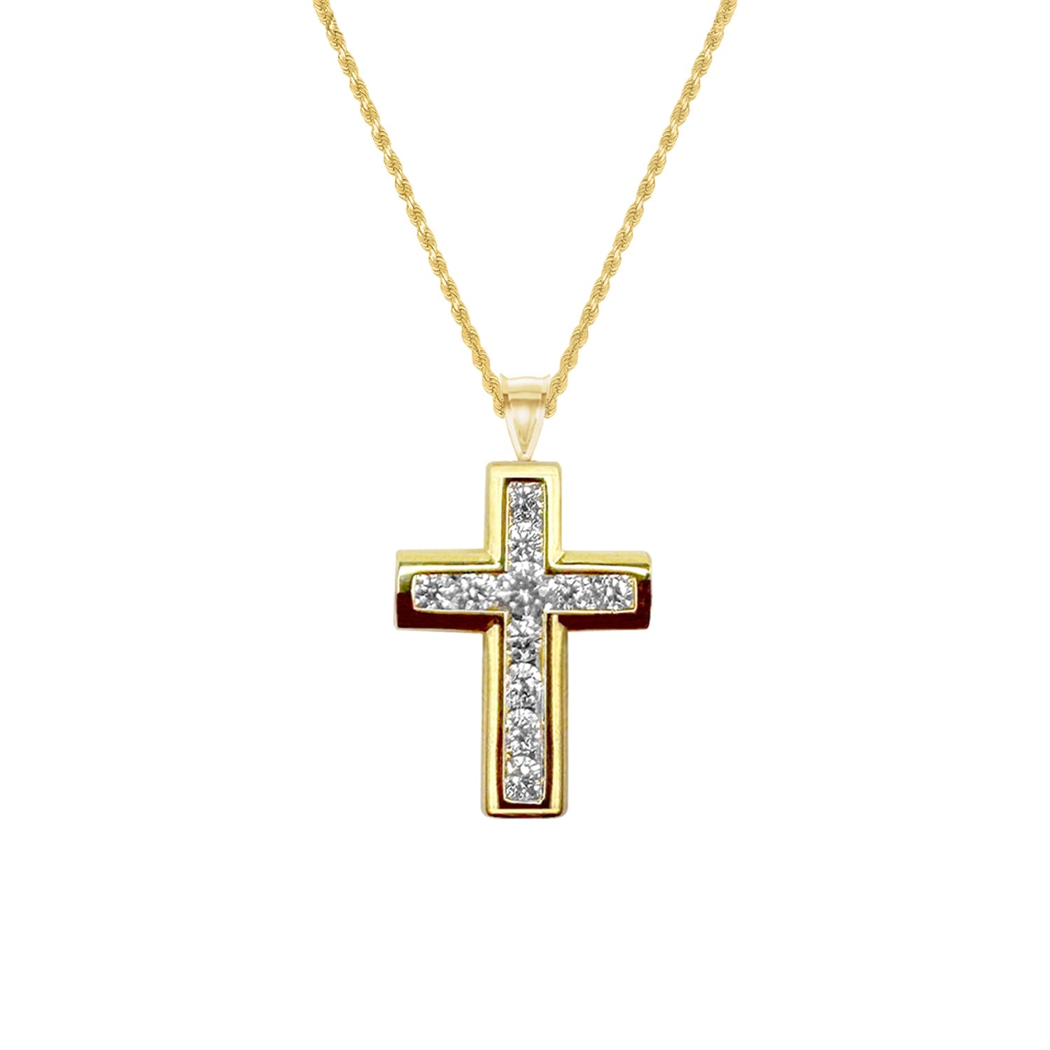 Gold Religious Cross Pave Charm Pendant With Rope Chain