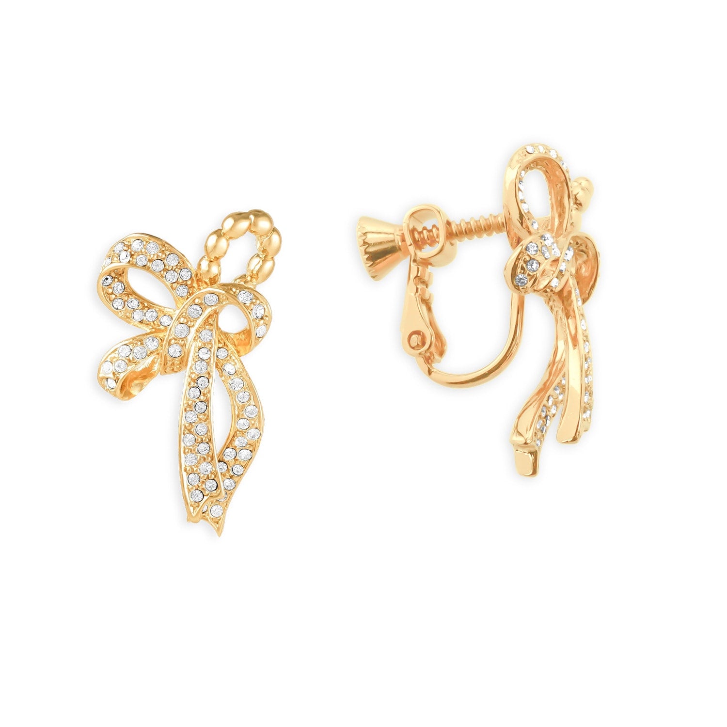 Gold & Gold Quartz Crystal Bow Clip On Earrings, Series Cinta