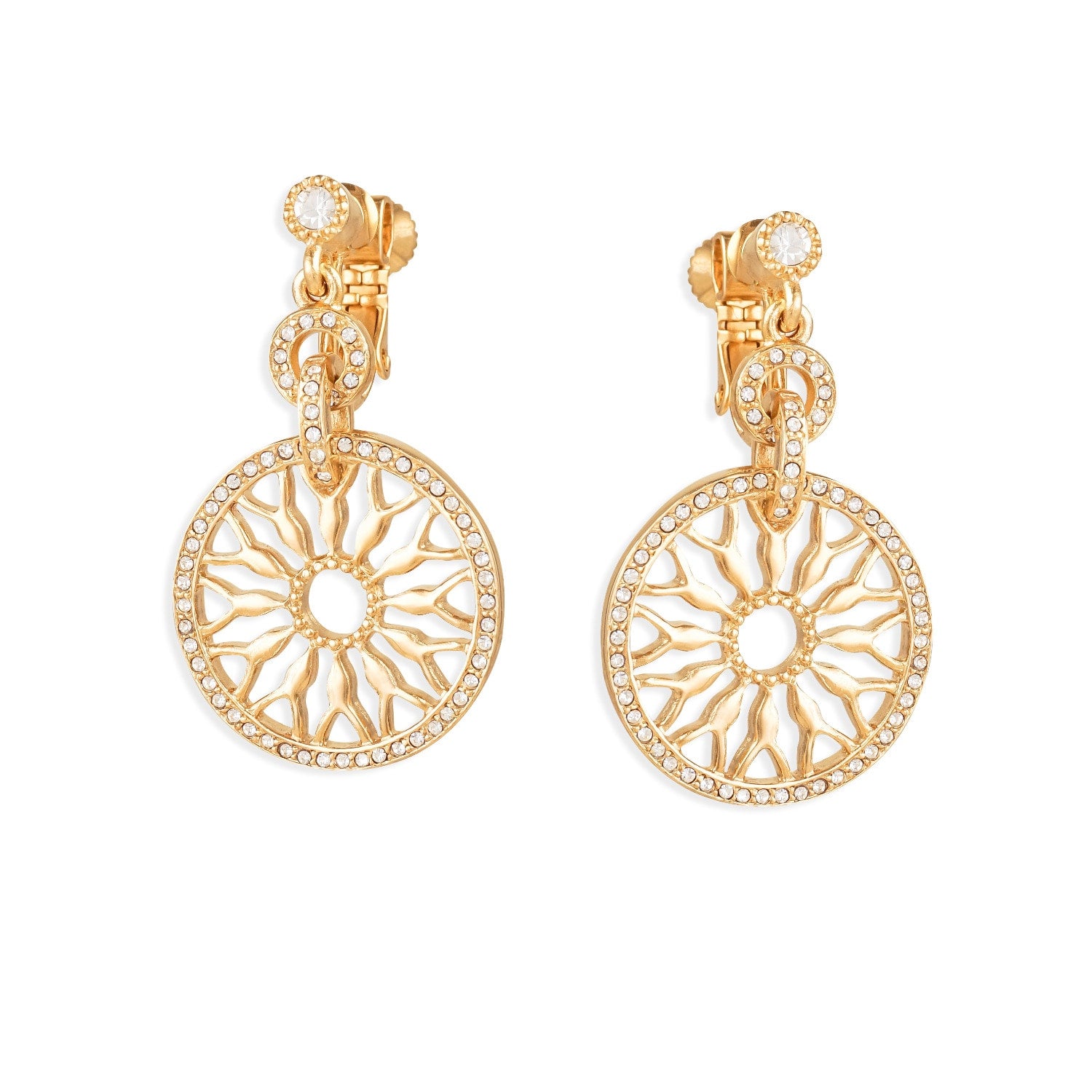 Gold & Crystal Clip On Drop Earrings, Series Lumière