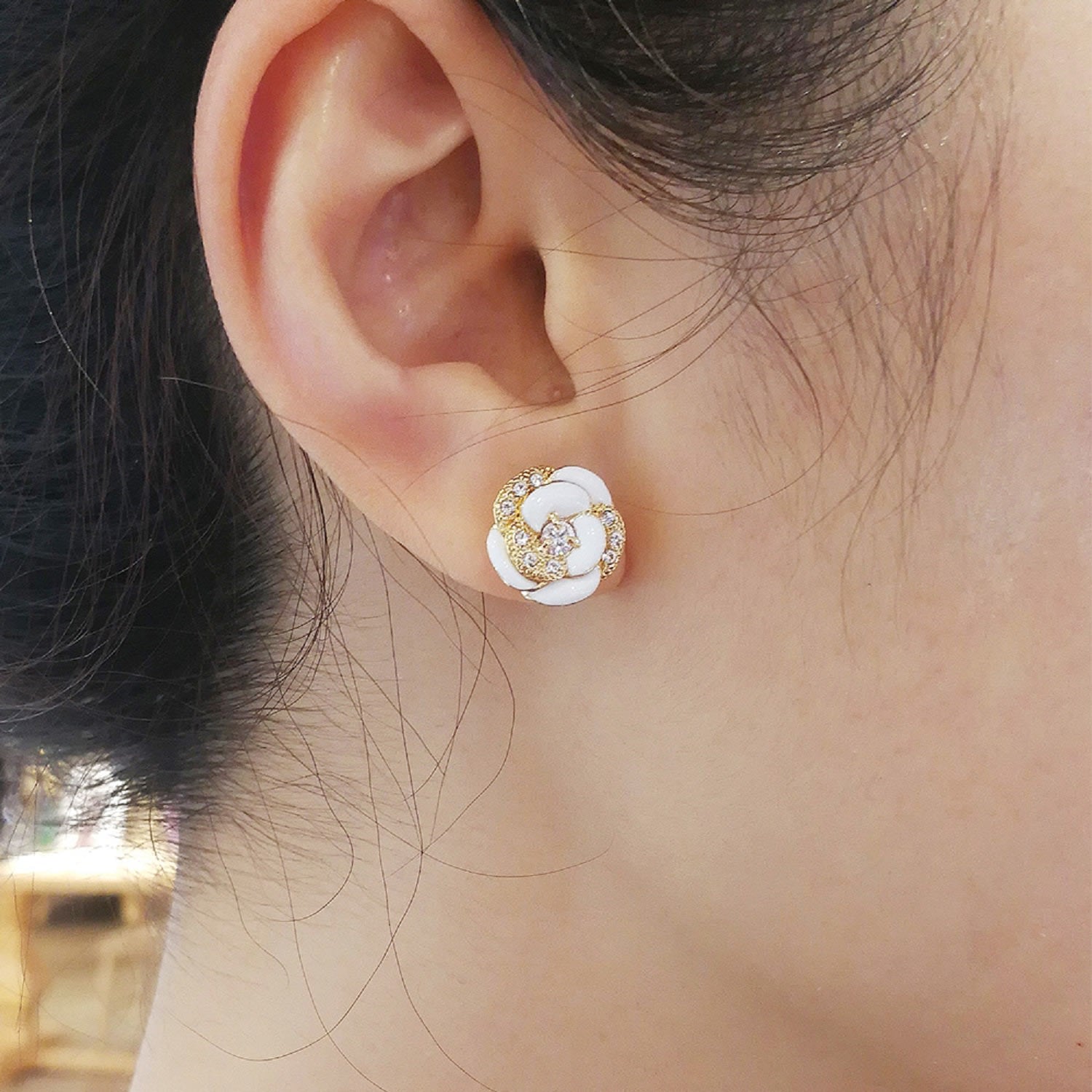 Gold & Crystal Flower Earrings, Series Blanc Camelia