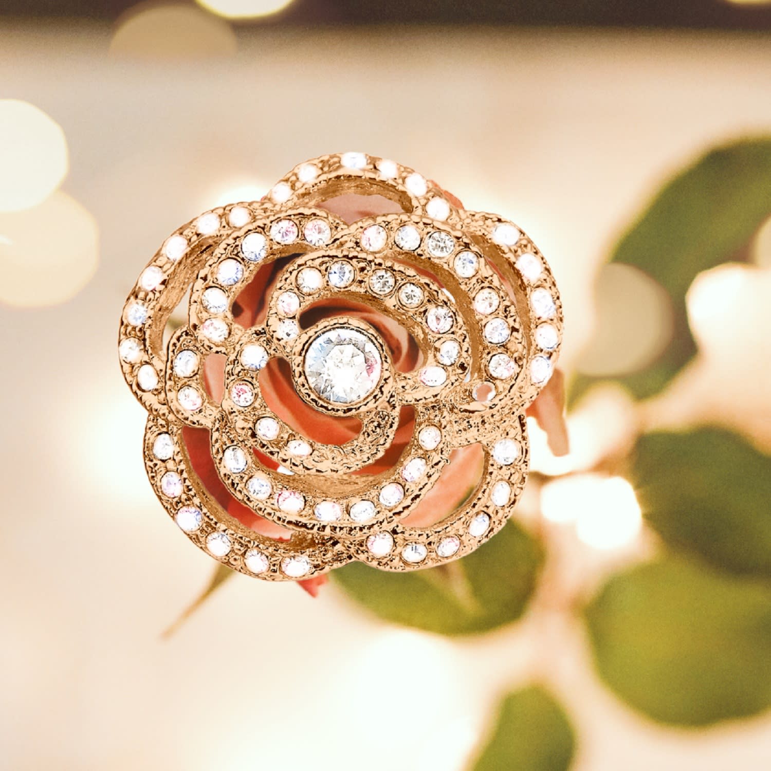 Gold & Crystal Flower Clip On Earrings, Series Parfum Rose