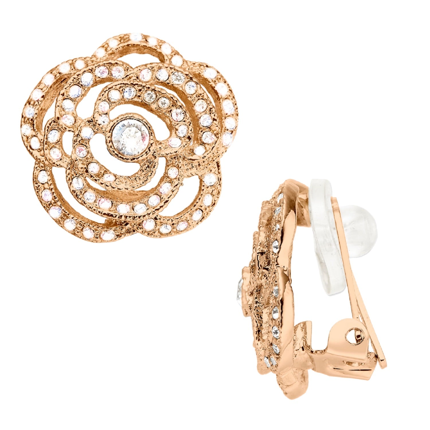 Gold & Crystal Flower Clip On Earrings, Series Parfum Rose