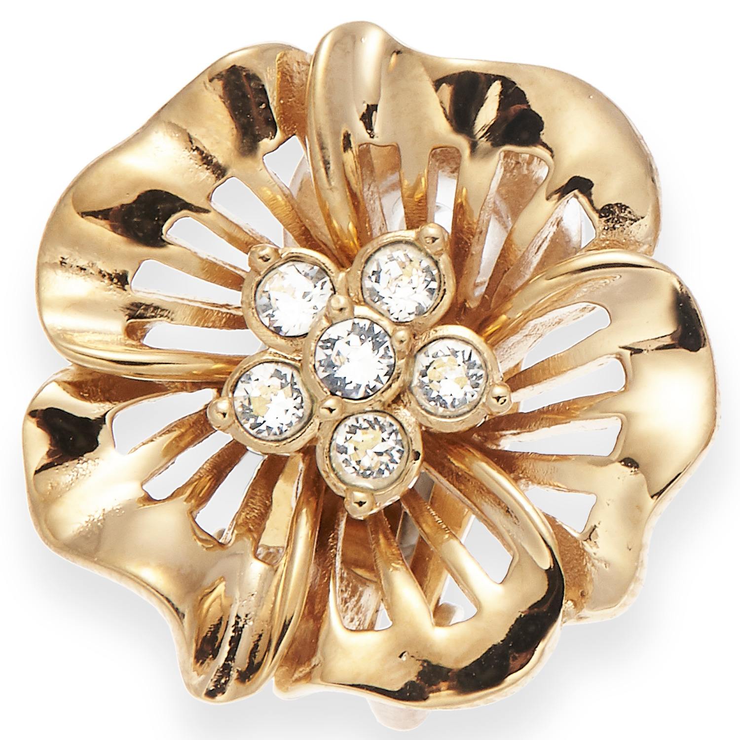 Gold & Crystals Flower Clip On Earrings, Series Lush Blossom