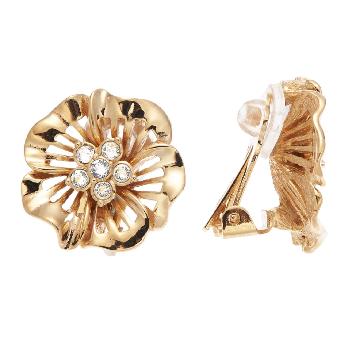 Gold & Crystals Flower Clip On Earrings, Series Lush Blossom
