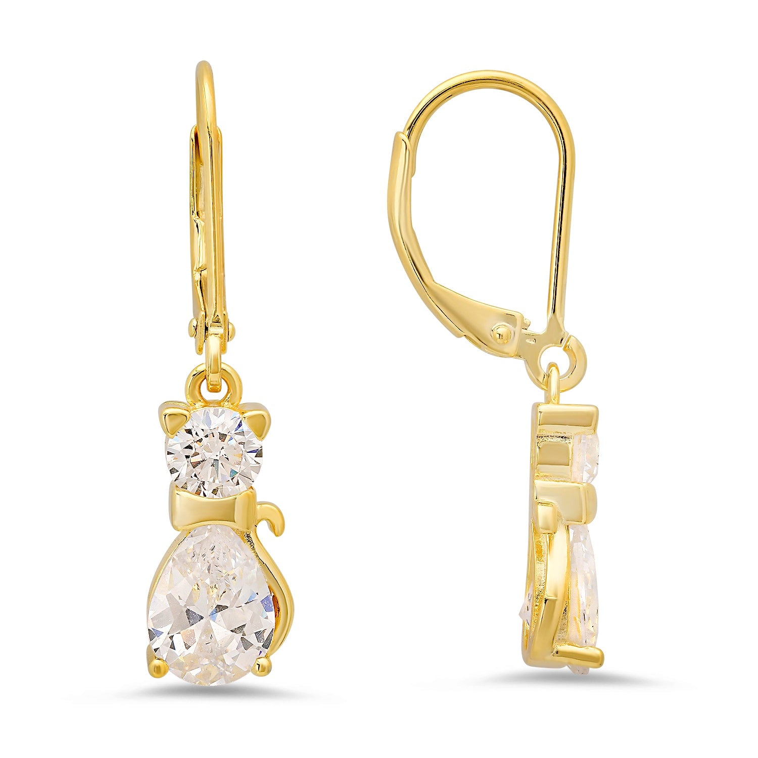 Gold Dangling Kitty Cat Diamond Cz Leverback Earrings