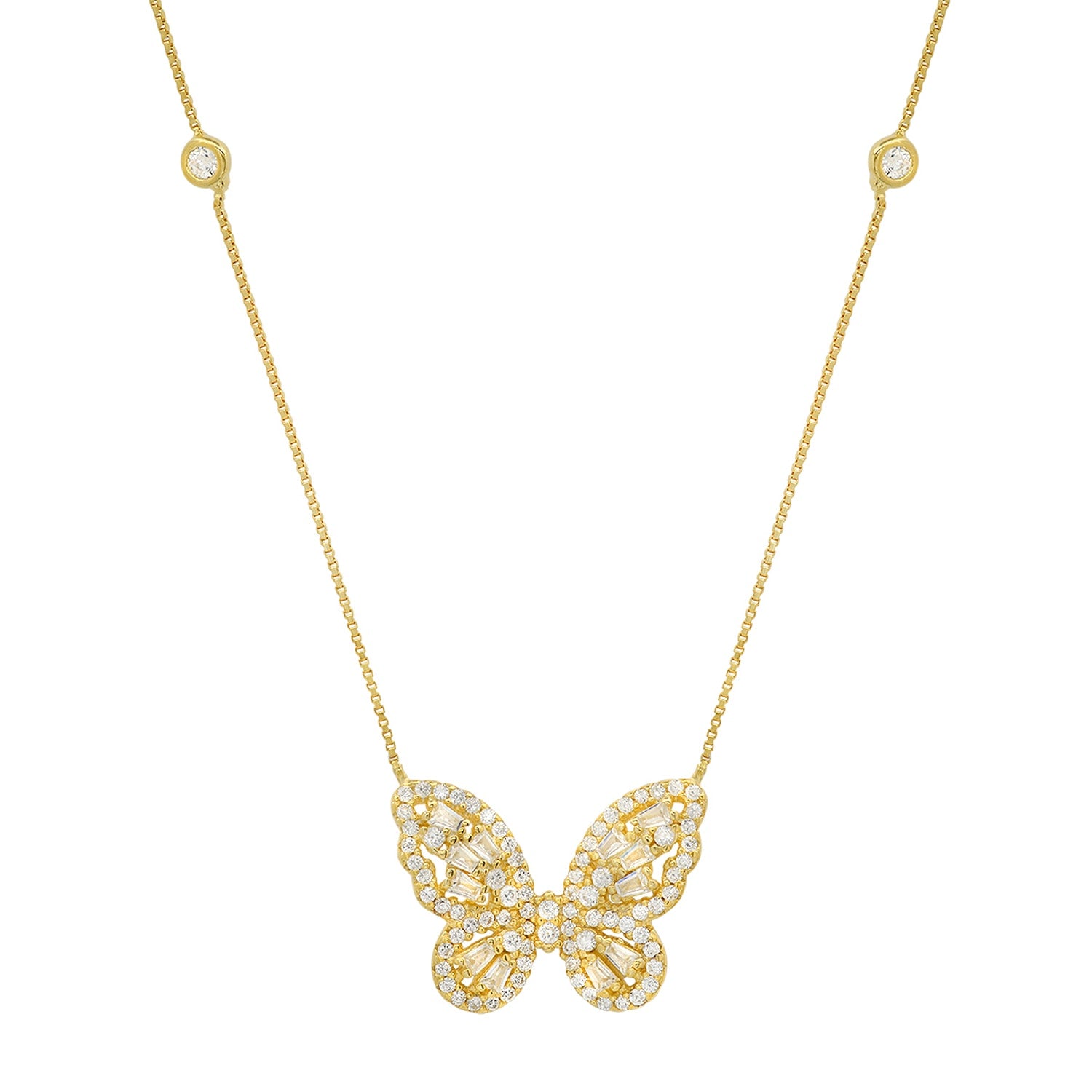 Gold Diamond Cz Baguette Butterfly Station Necklace