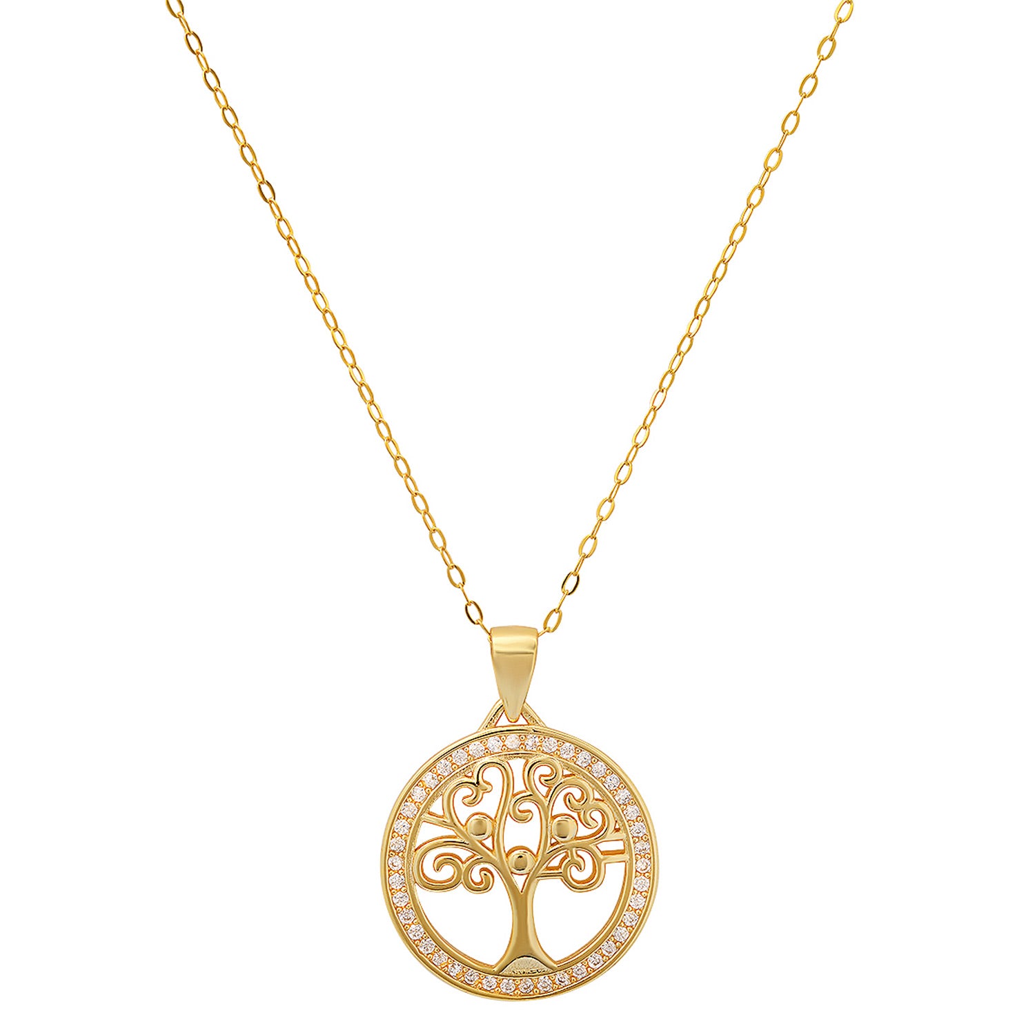 Gold Diamond Cz Tree Of Life Pendant Necklace