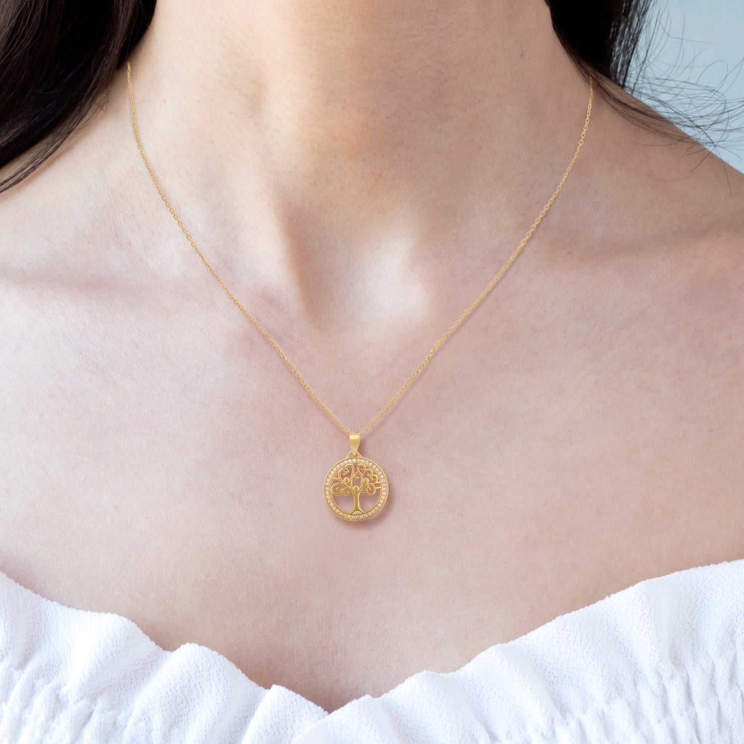 Gold Diamond Cz Tree Of Life Pendant Necklace