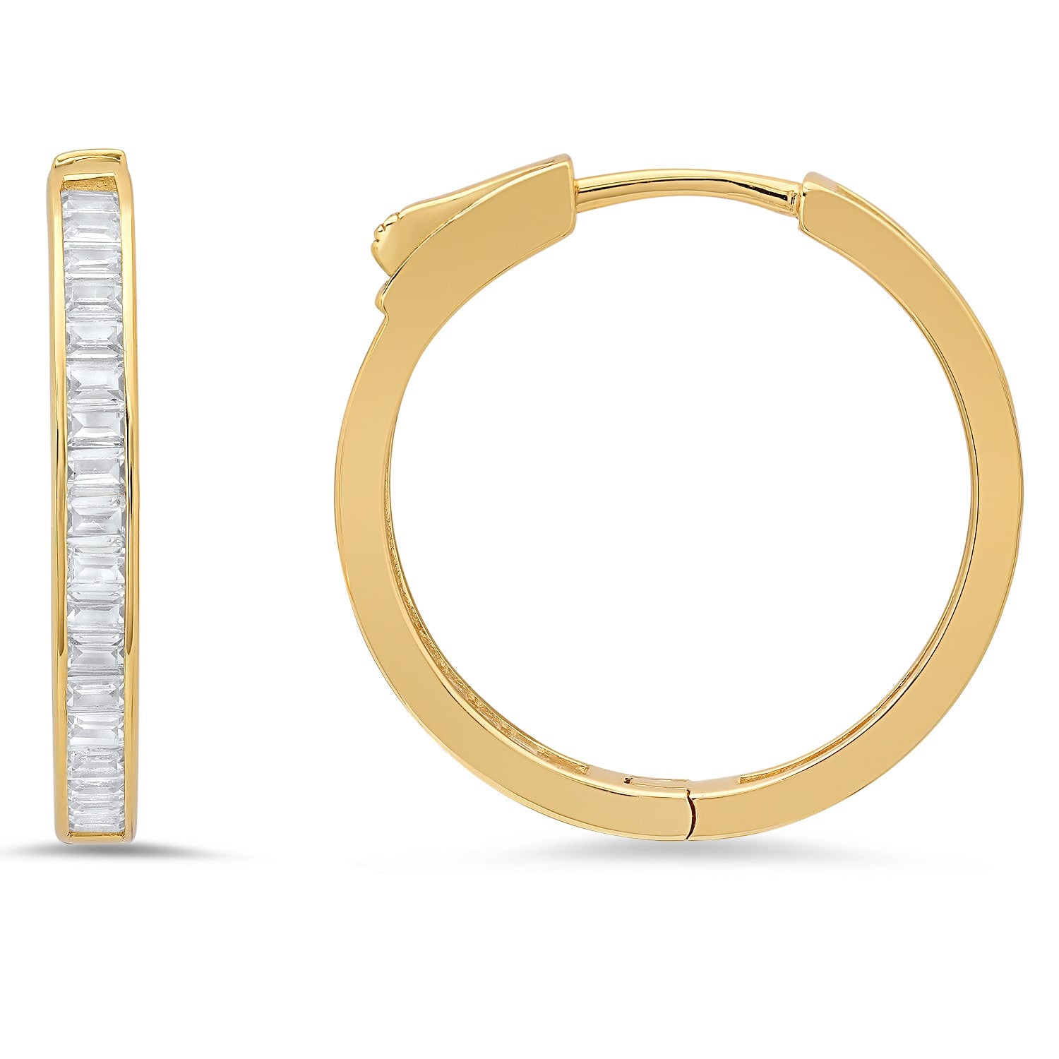 Gold Diamond Lock Baguette-Cut Statement Hoop Earrings