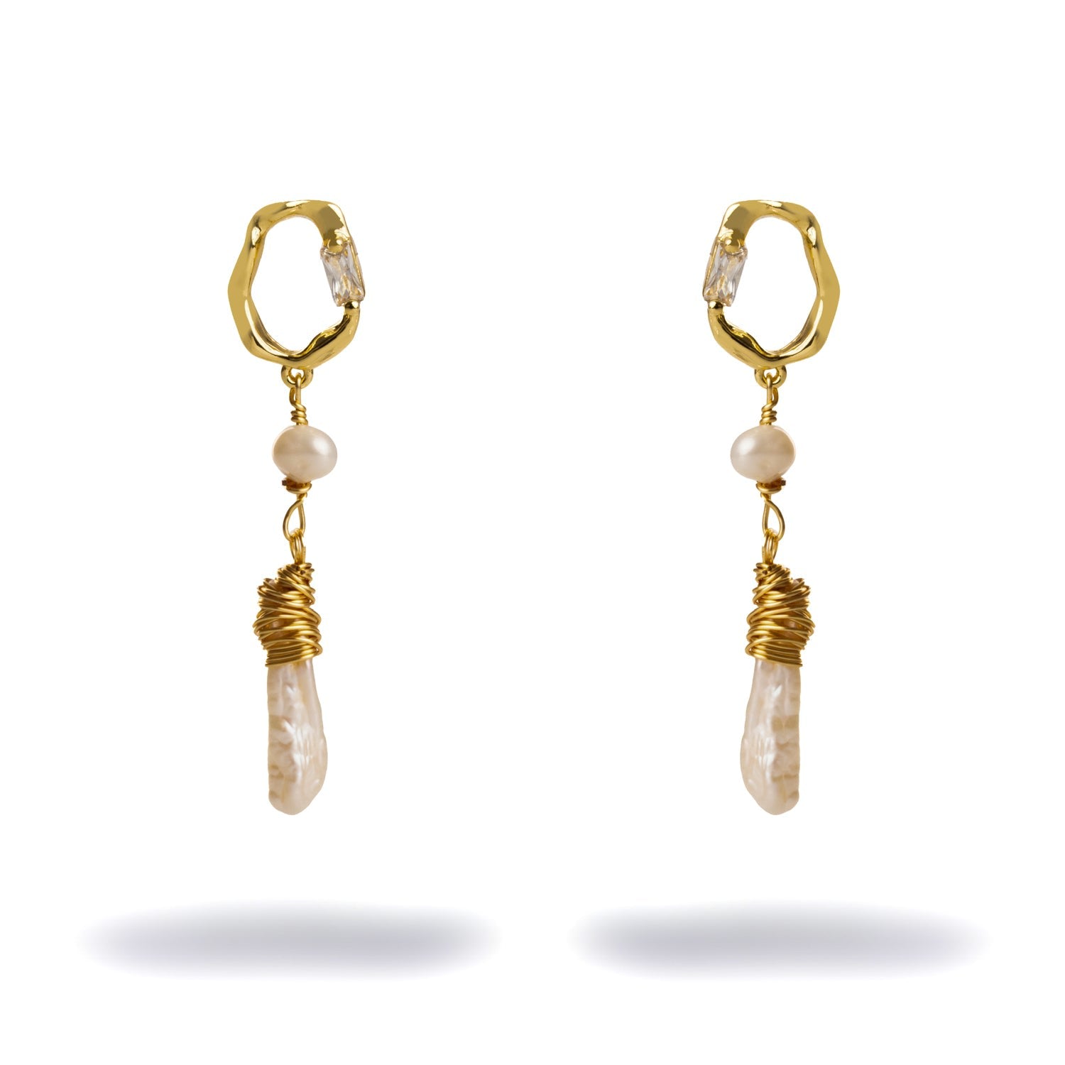 Gold & Diamond Stud Pearl Drop Statement Earrings - Gold