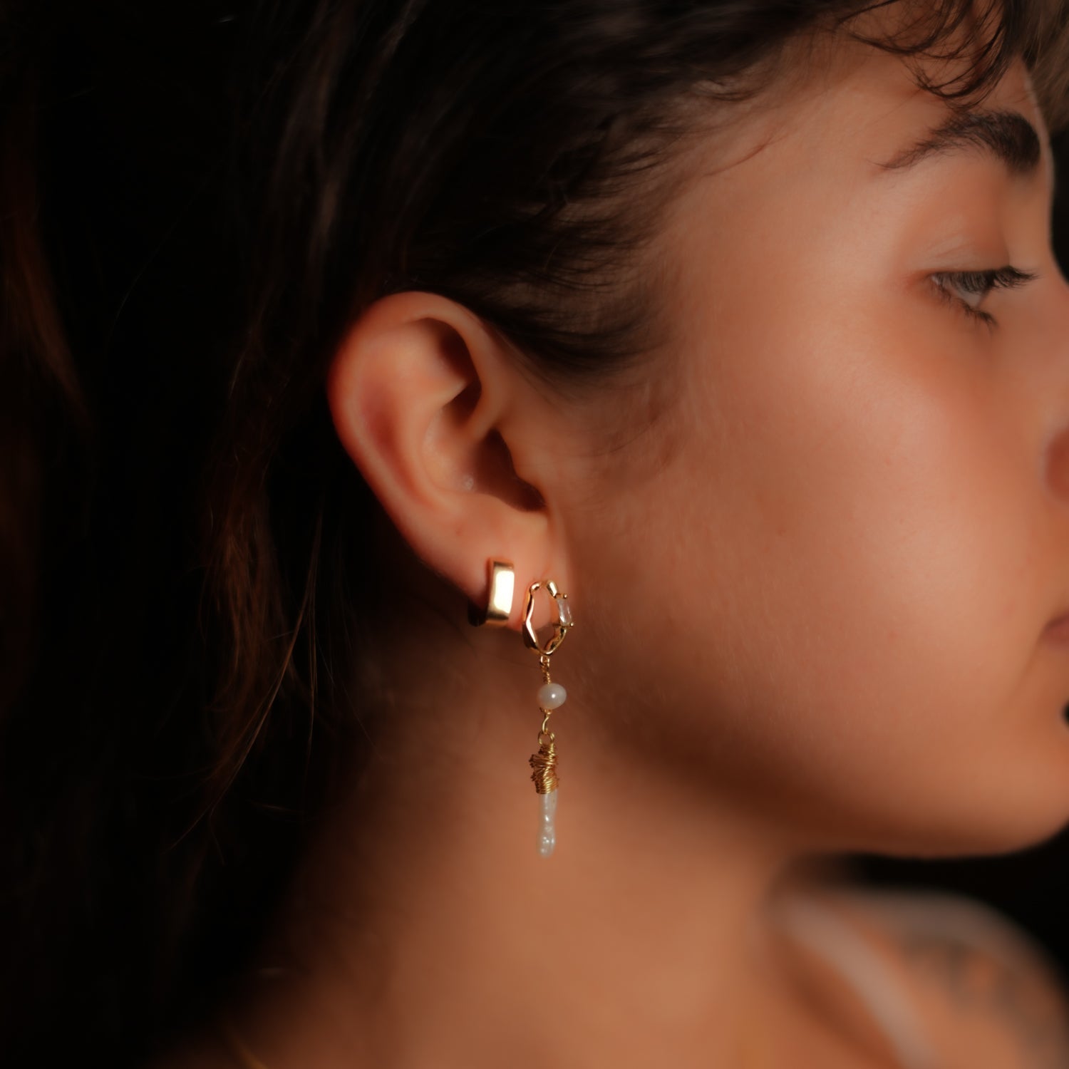 Gold & Diamond Stud Pearl Drop Statement Earrings - Gold