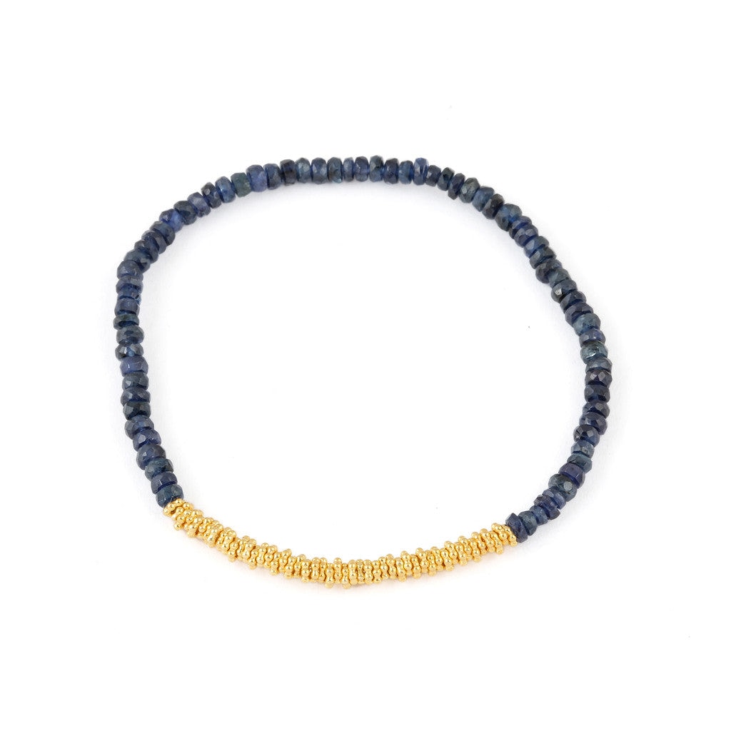 Gold Disc Stretch Bracelet With Blue Sapphires