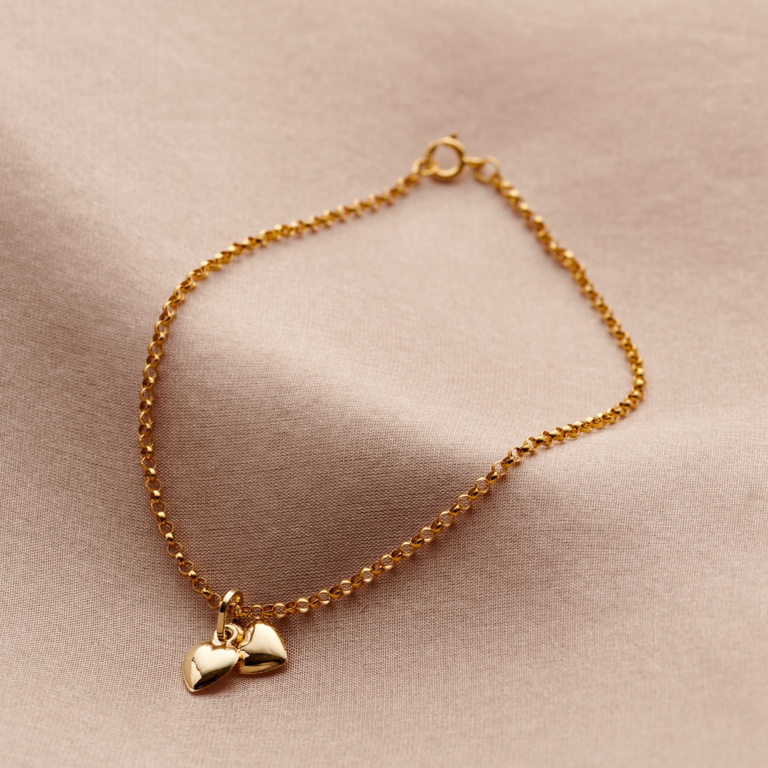 9Ct Gold Double Heart Charm Bracelet