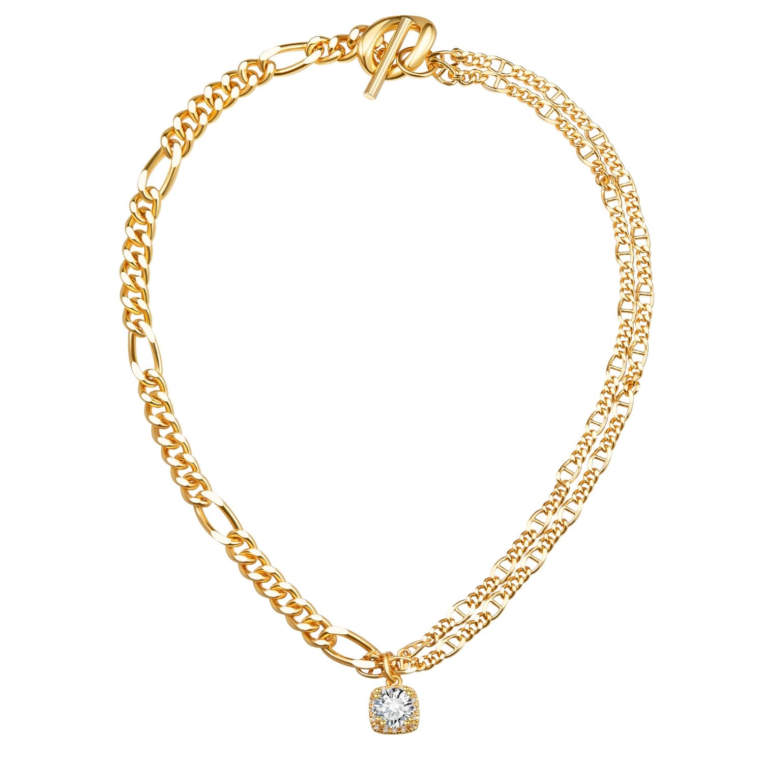 Gold Double Layered Solitaire Zirconia Pendant Necklace