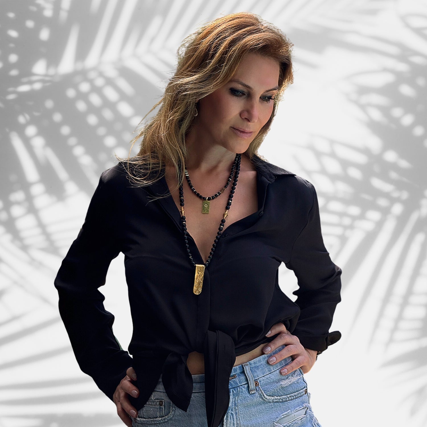 Gold Egyptian Symbols Unique Pendant Black Onyx Stone Beaded Necklace