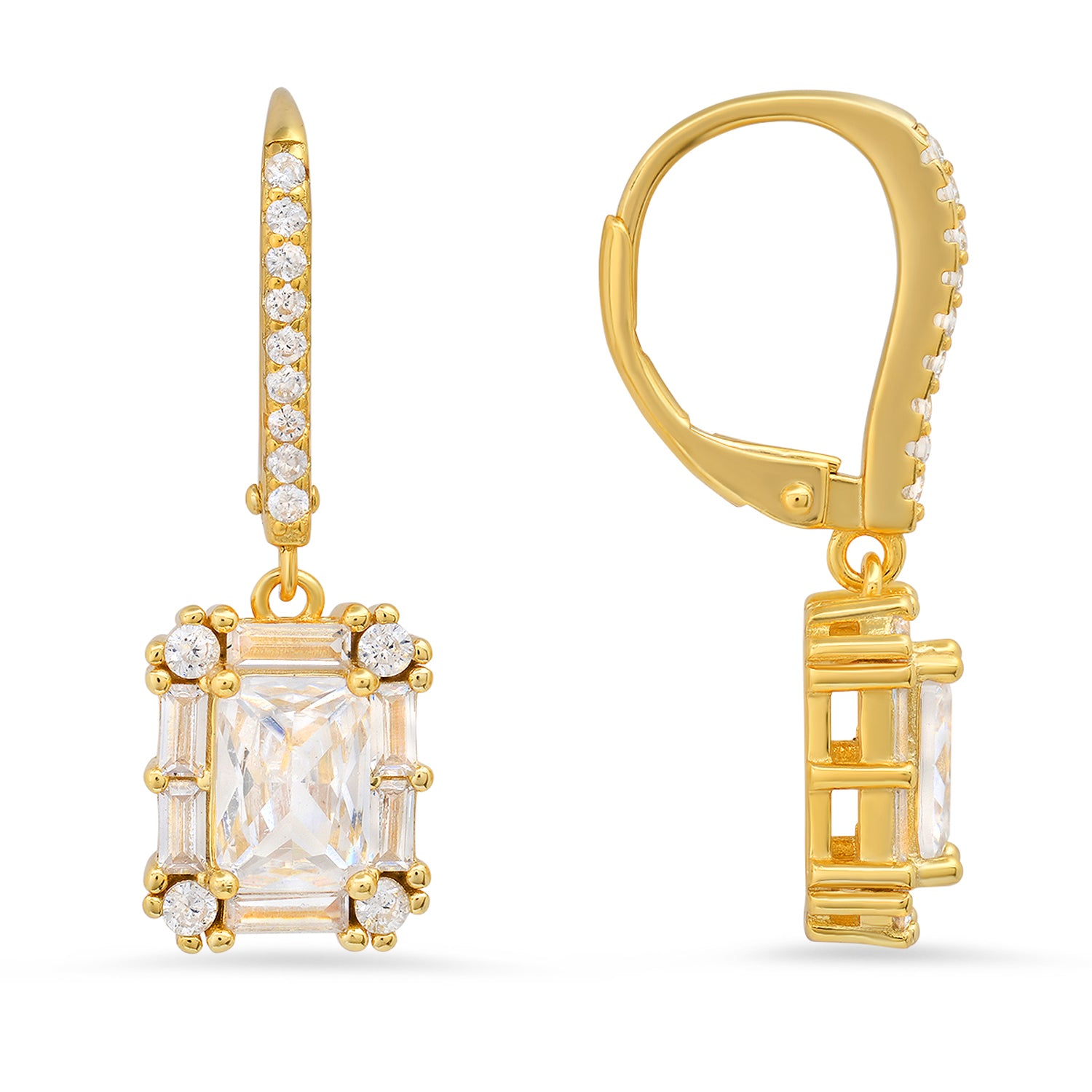 Gold Emerald Cut Cz Halo Dangling Leverback Earrings