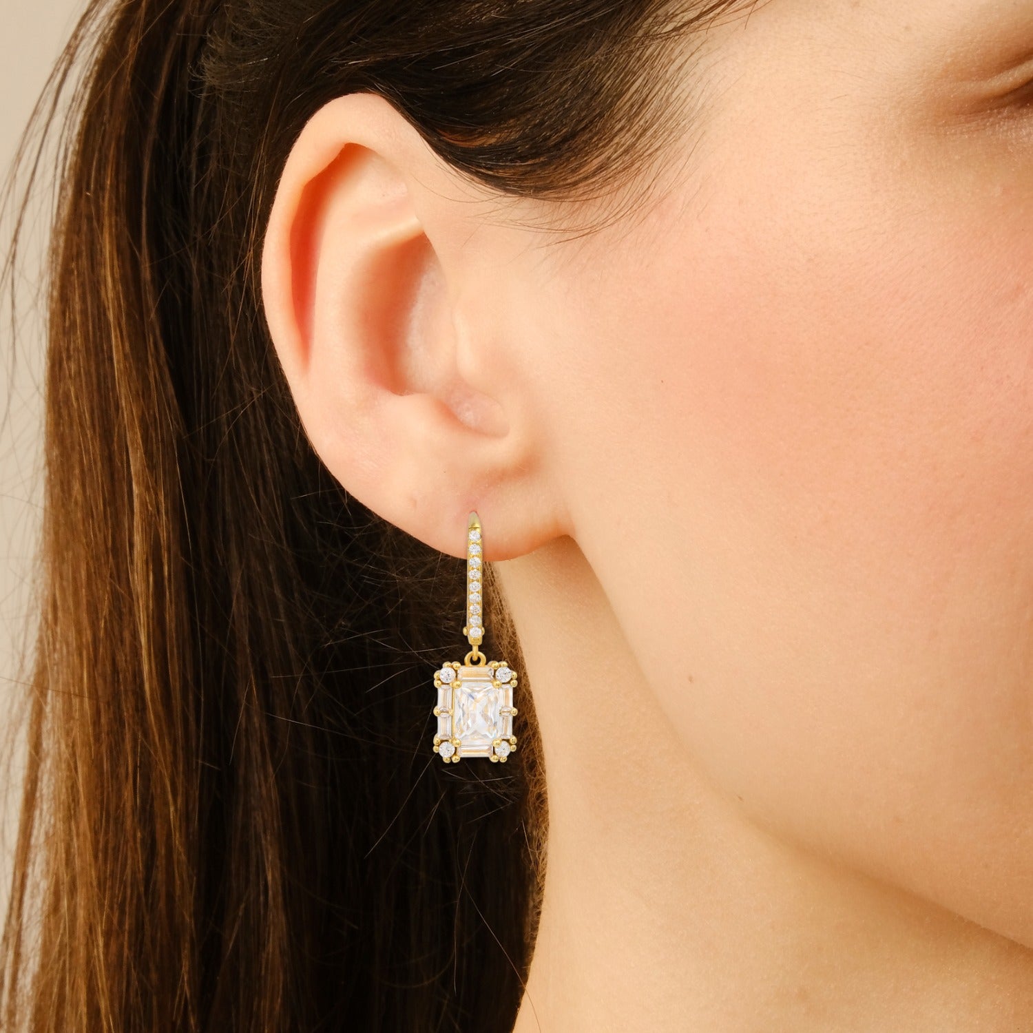 Gold Emerald Cut Cz Halo Dangling Leverback Earrings