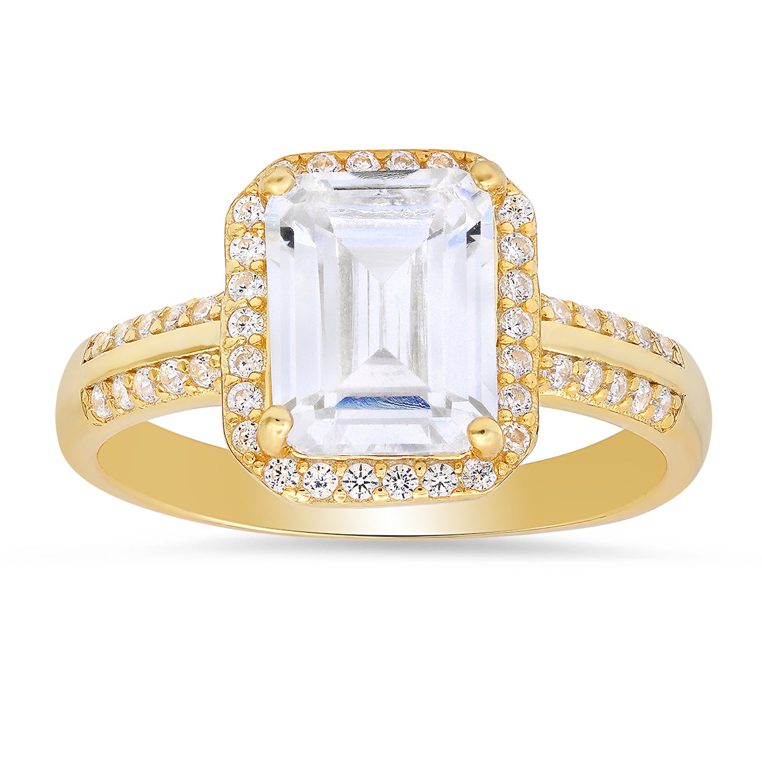 Gold Emerald Cut Cz Halo Ring