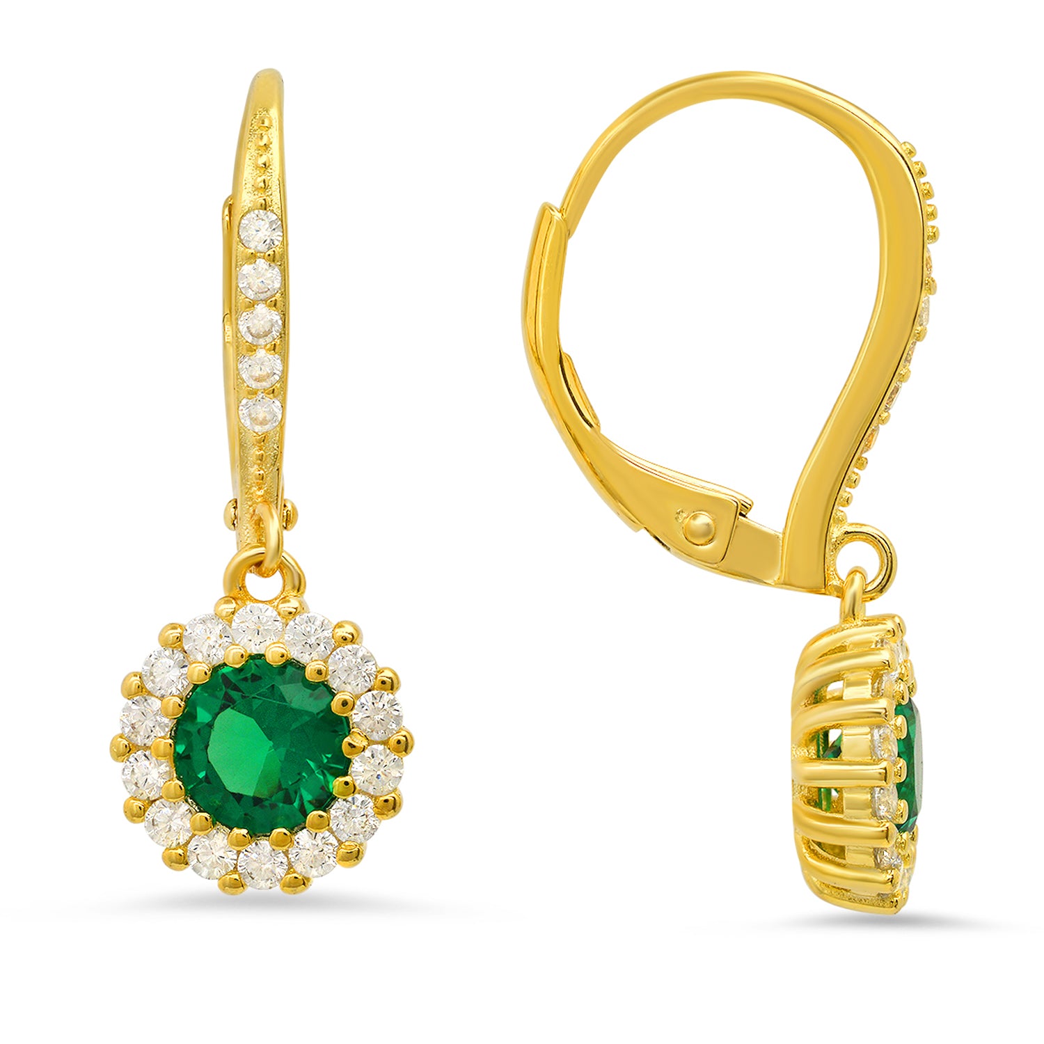 Gold Emerald Halo Leverback Earrings