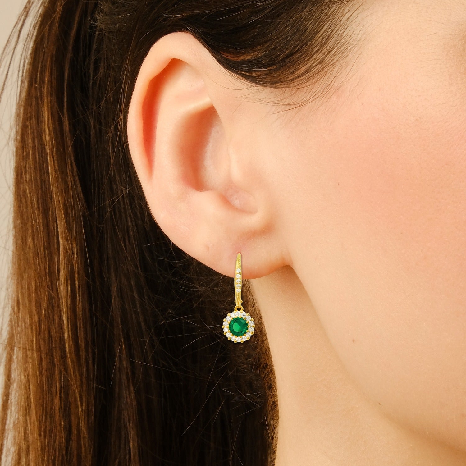 Gold Emerald Halo Leverback Earrings