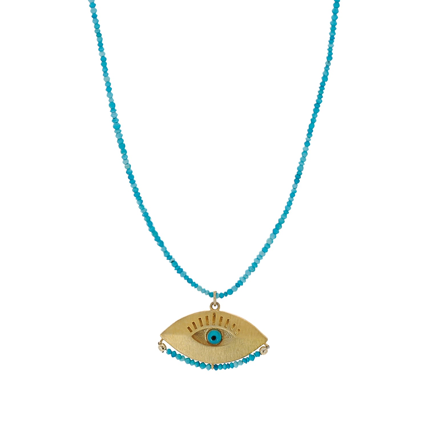 Gold Evil Eye Pendant Tiny Turquoise Stone Beaded Positive Necklace - Turquoise