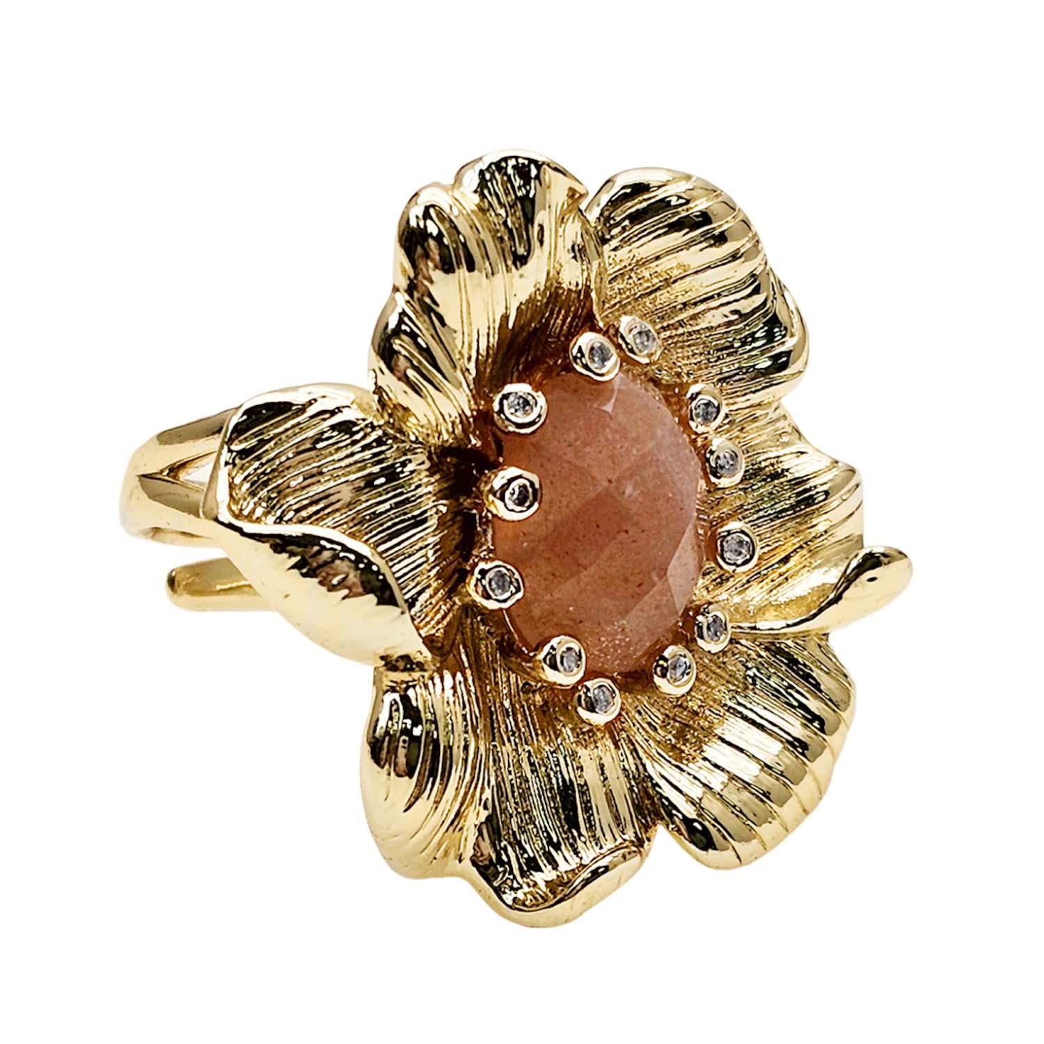 Gold Flower With Orange Moonstone Setting Cocktail Ring