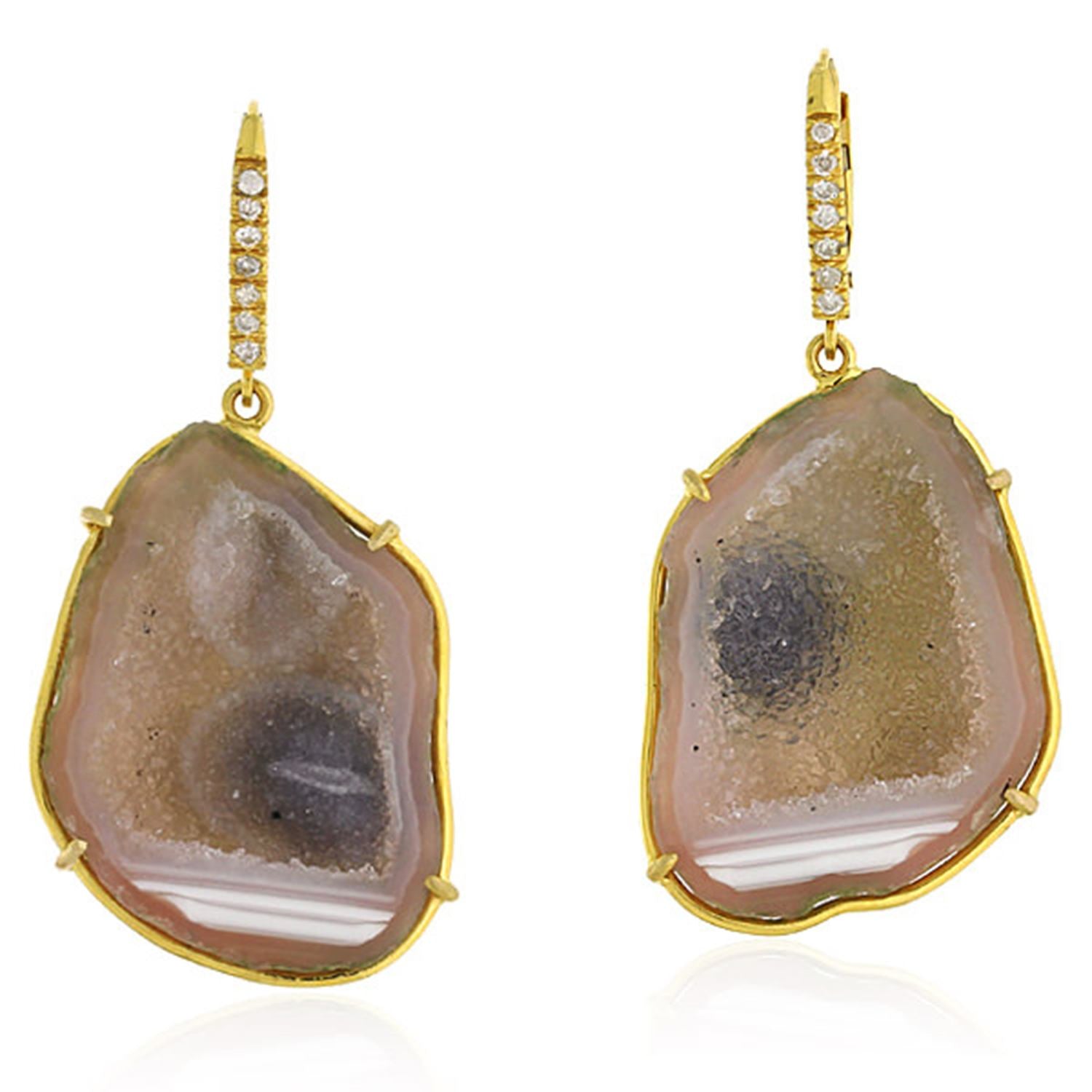 "Gold Geode Slice With Pave Diamond Ear Hooks Drop Earrings "