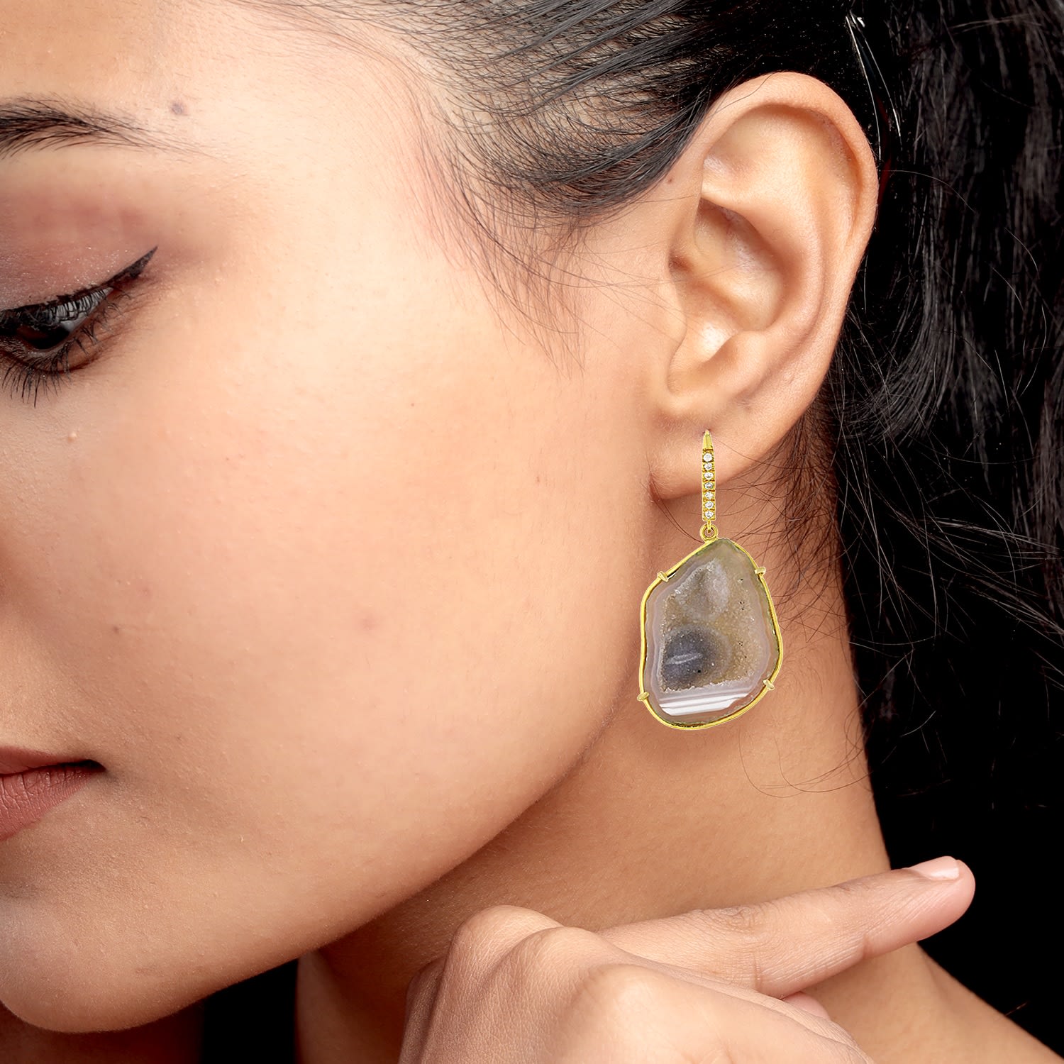 "Gold Geode Slice With Pave Diamond Ear Hooks Drop Earrings "