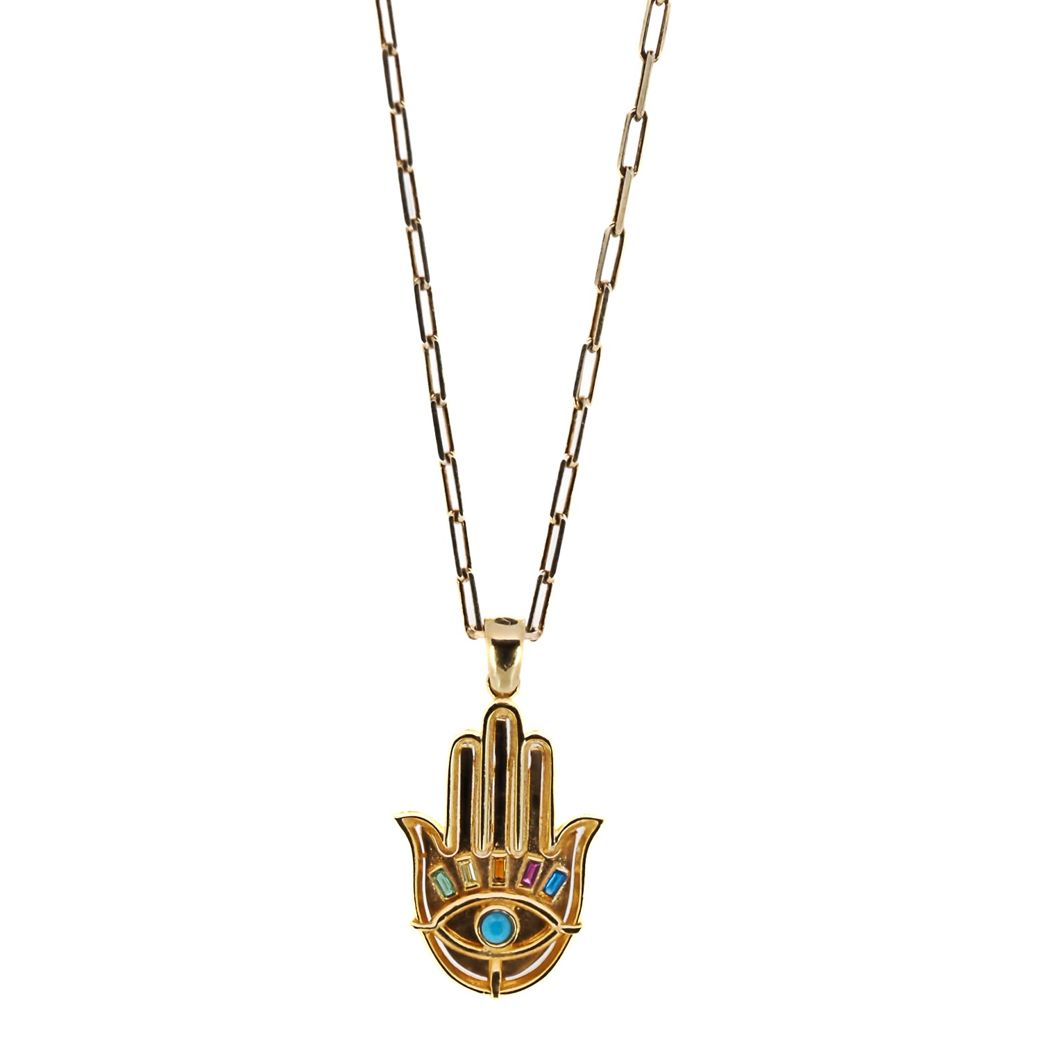 Gold & Gemstone Hamsa Pendant Good Luck Necklace - Gold