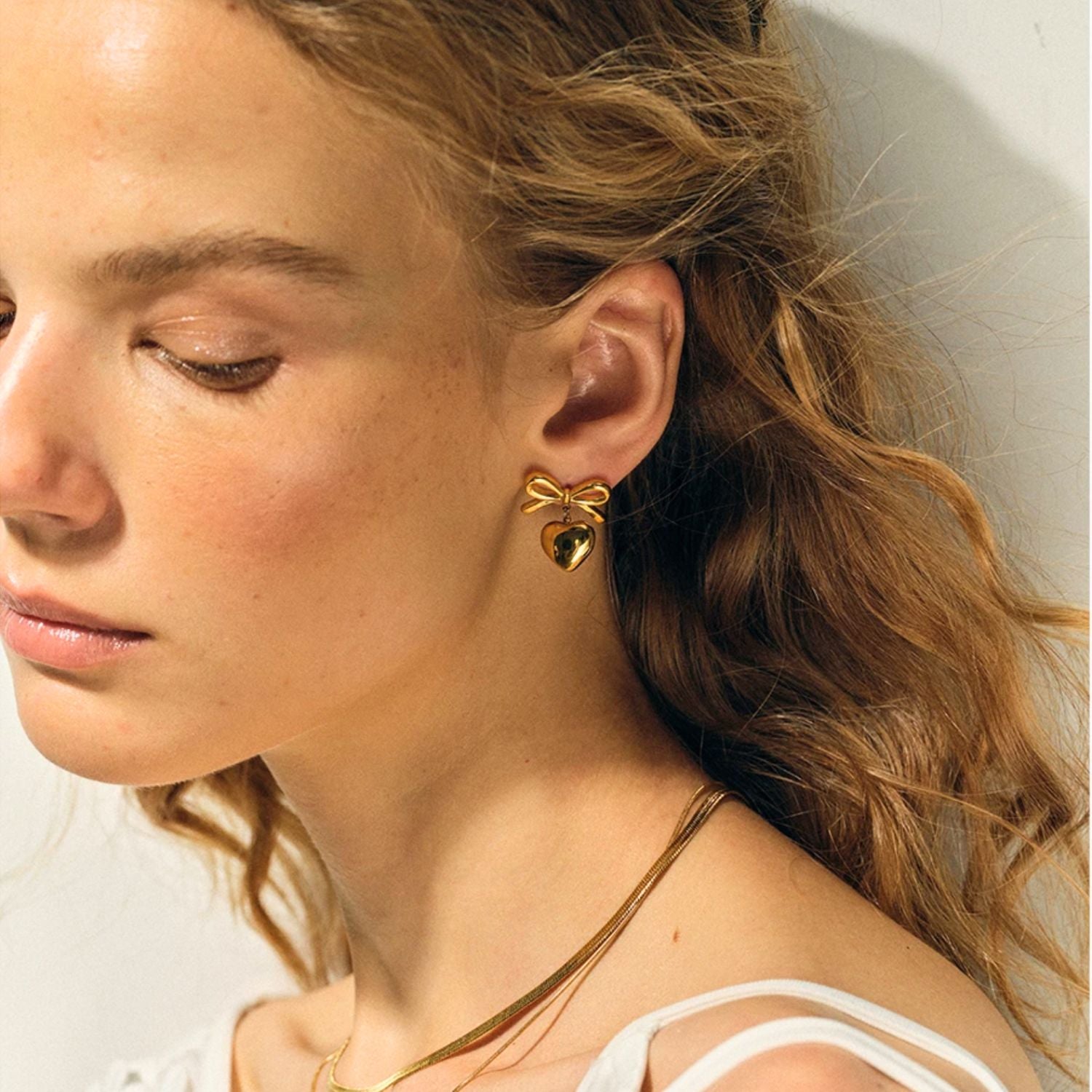 Gold Heart Bow Earrings