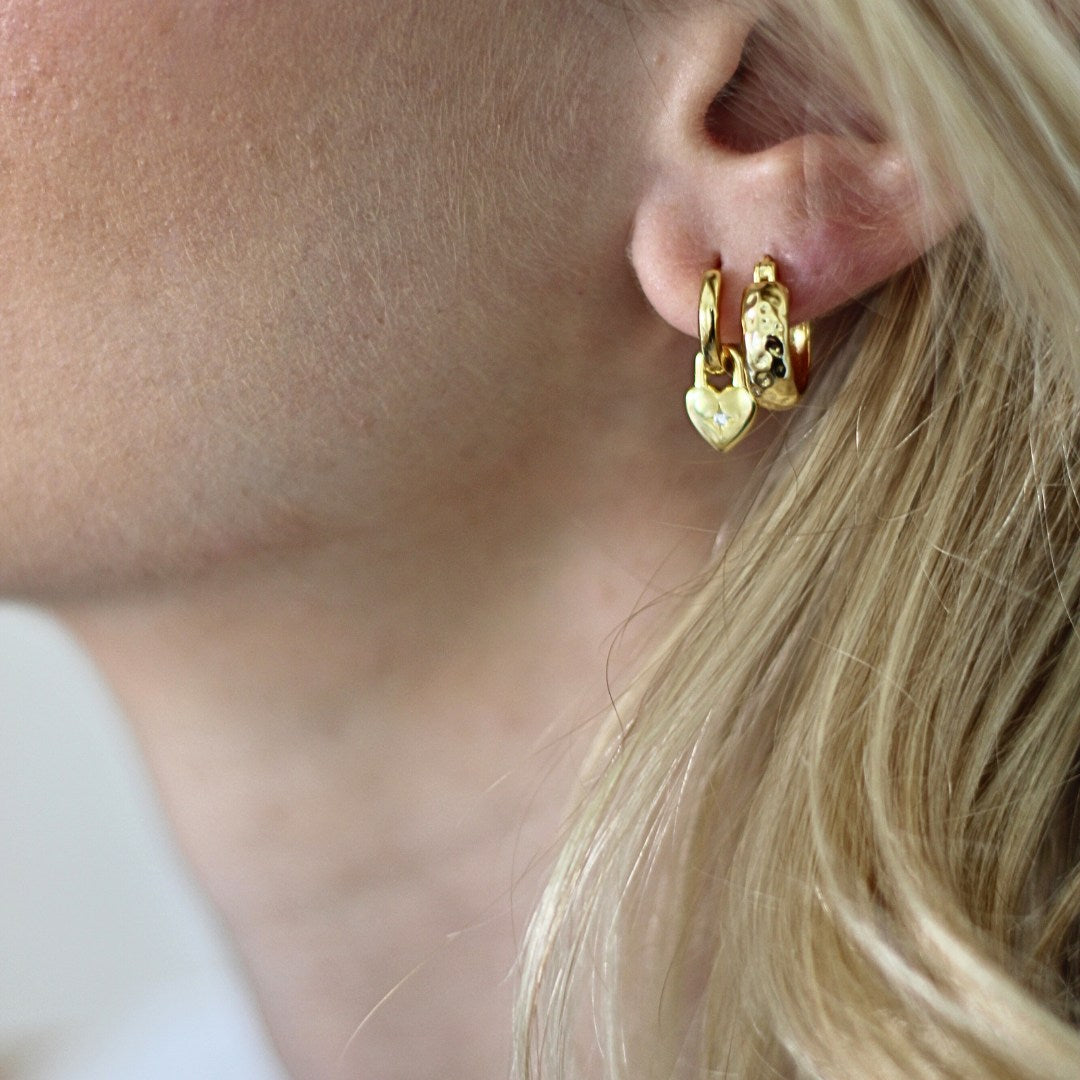 Gold Diamond Burst Heart Charm Earrings