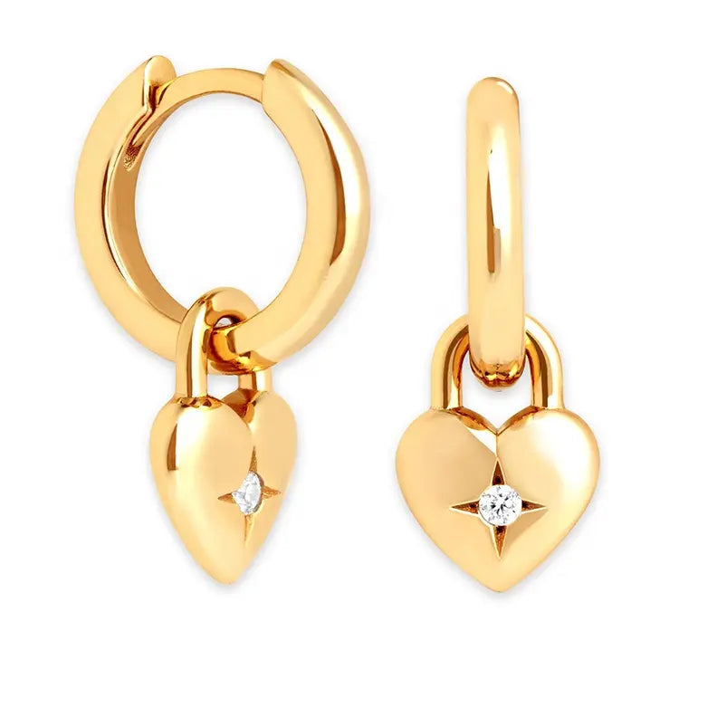 Gold Diamond Burst Heart Charm Earrings