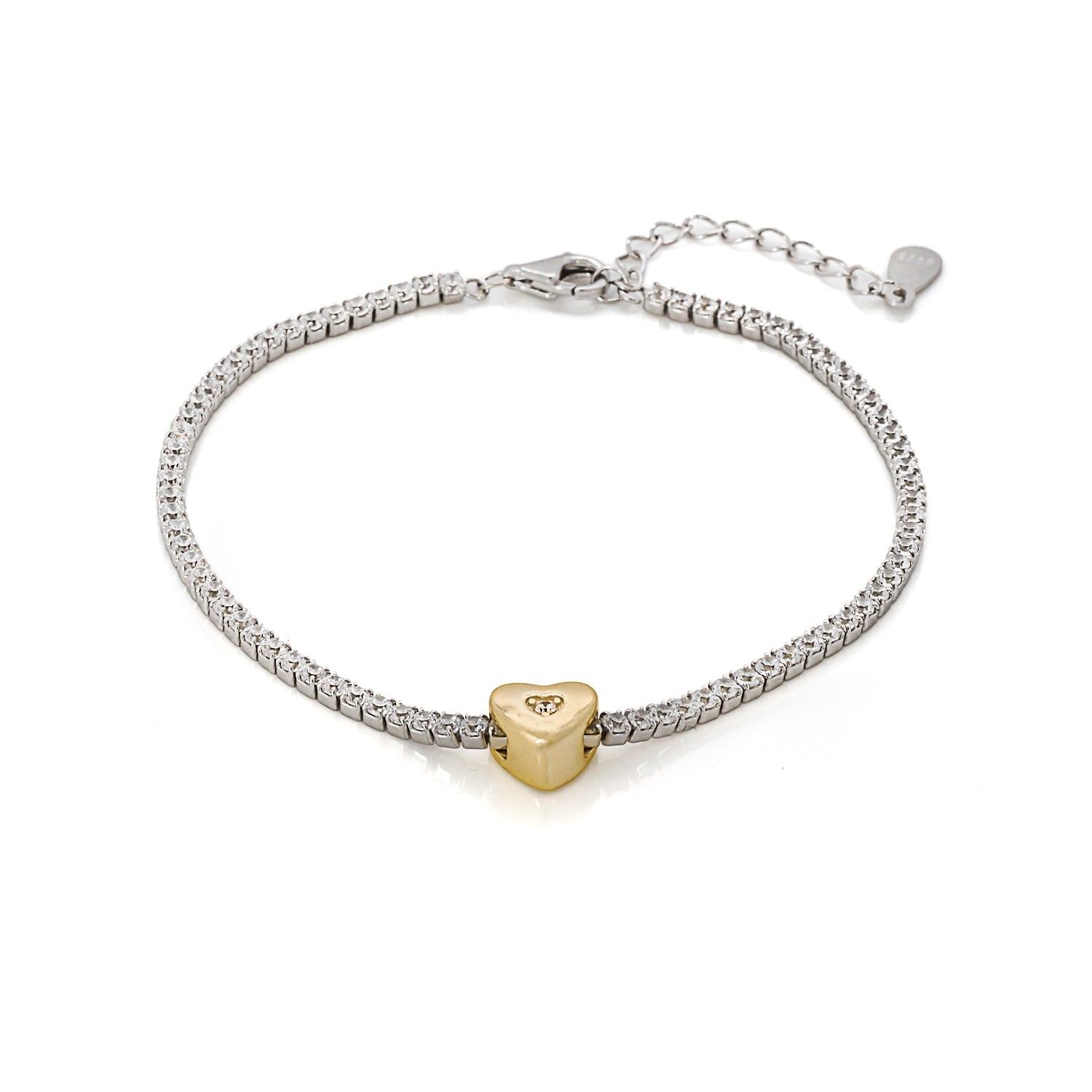 Gold Heart Charm Diamond Tennis Bracelet - Gold