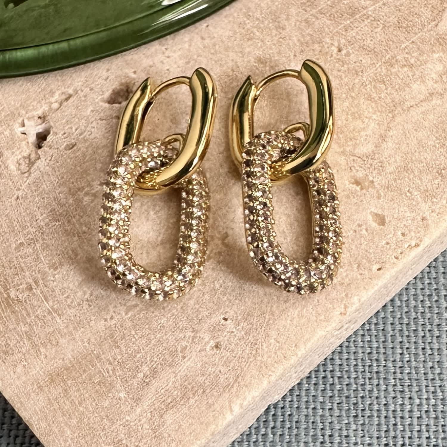 Gold Huggie Earrings With Blush Pave Gemstone Charm