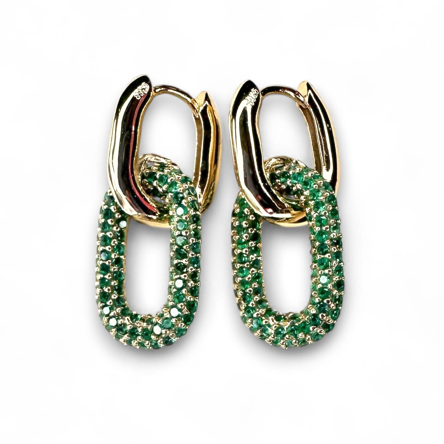 Gold Huggie Earrings With Green Pave Gemstone Charm