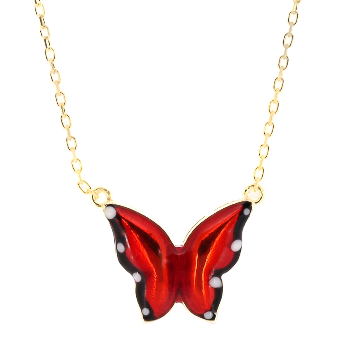 Gold Joy Red Enamel Butterfly Necklace - Red