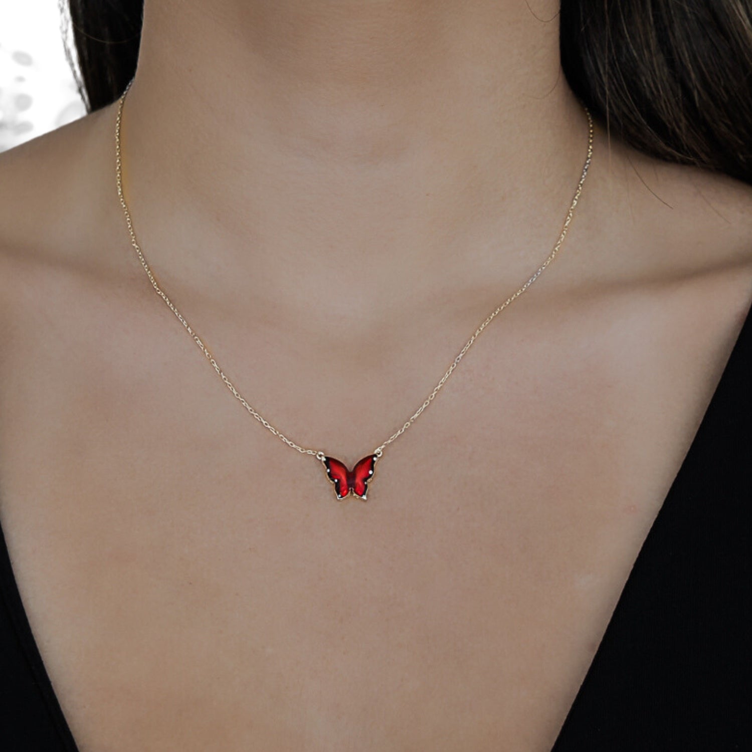 Gold Joy Red Enamel Butterfly Necklace - Red