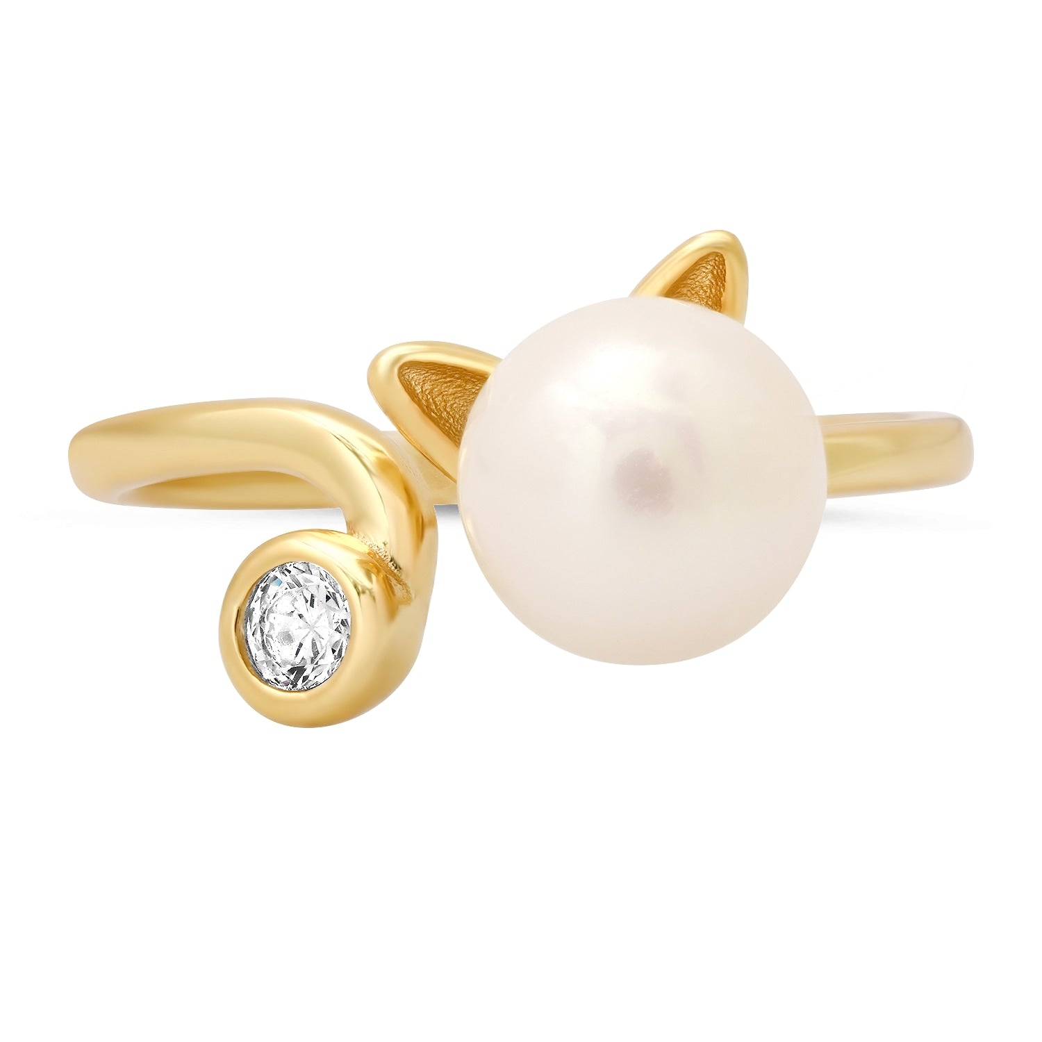 Gold Kitty Cat Pearl & Diamond Cz Ring