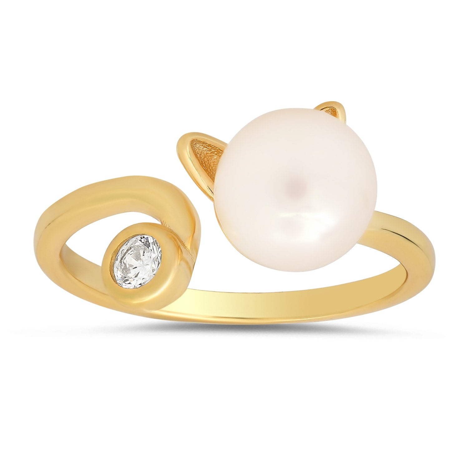Gold Kitty Cat Pearl & Diamond Cz Ring