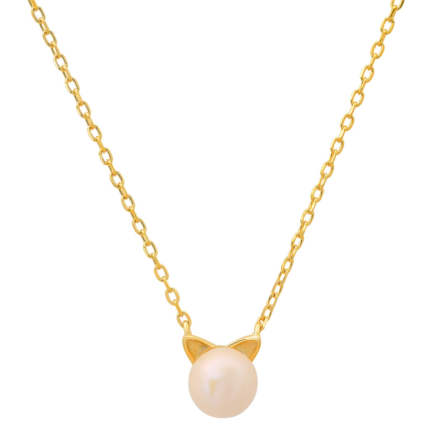 Gold Kitty Cat Pearl Pendant Necklace