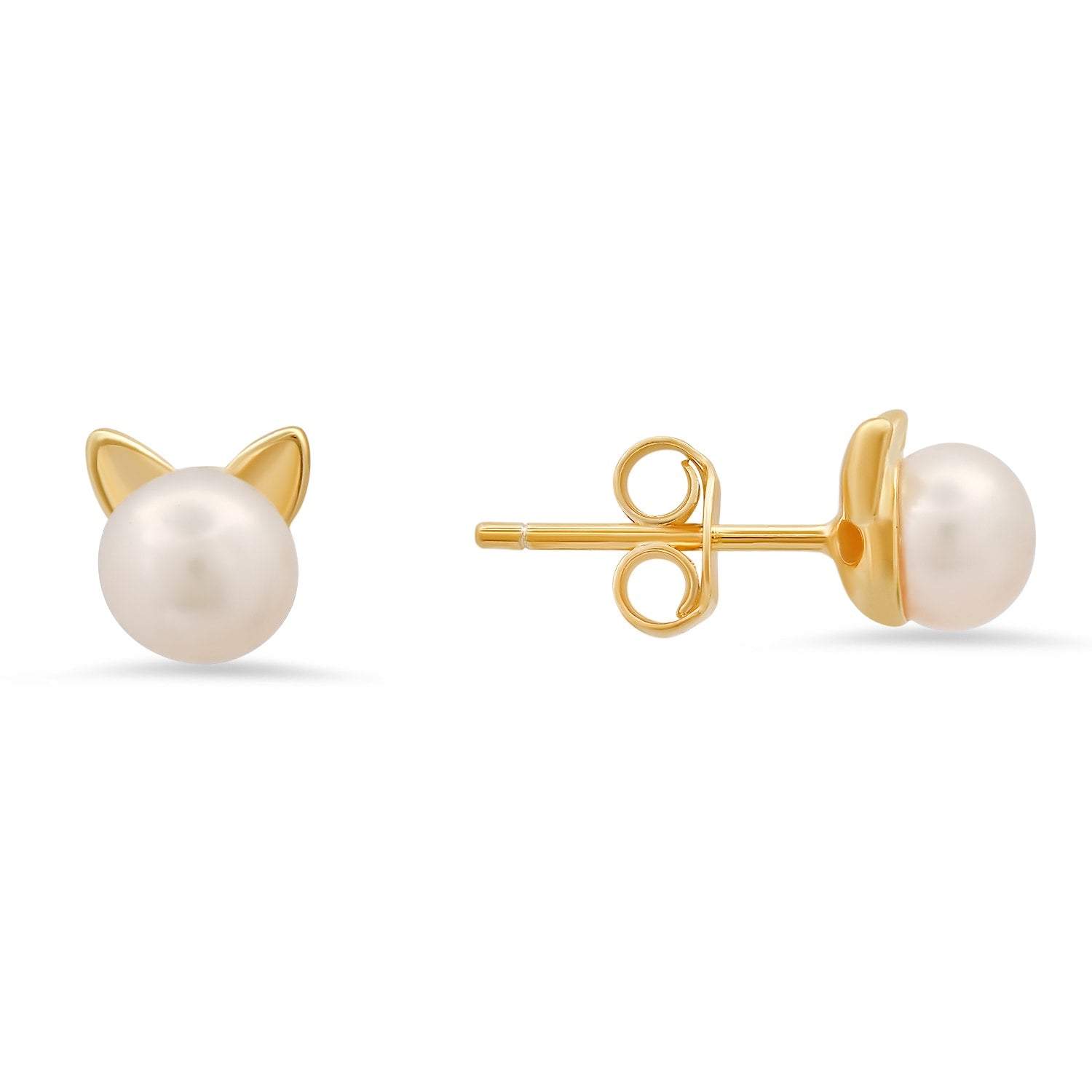 Gold Kitty Cat Pearl Stud Earrings