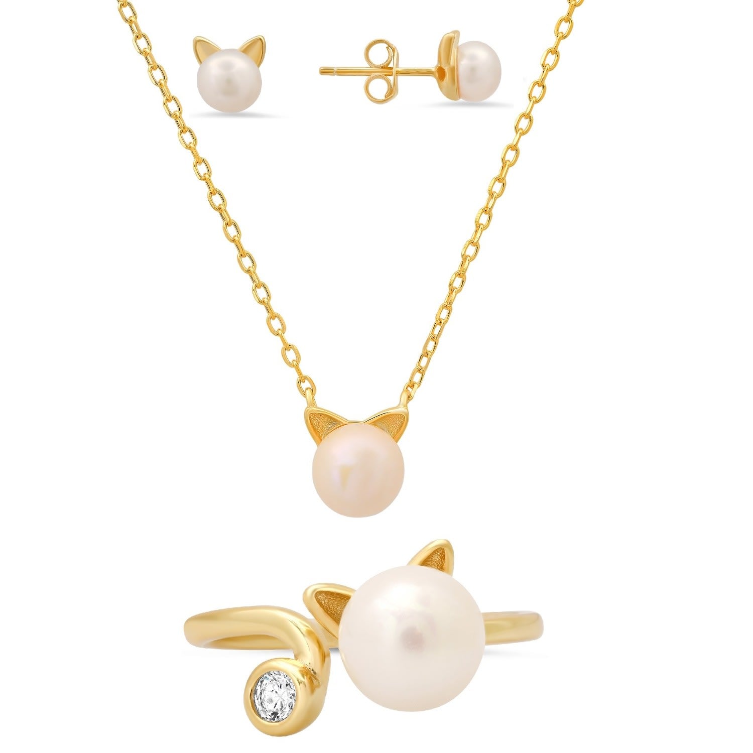 Gold Kitty Cat Pearl Stud Earrings