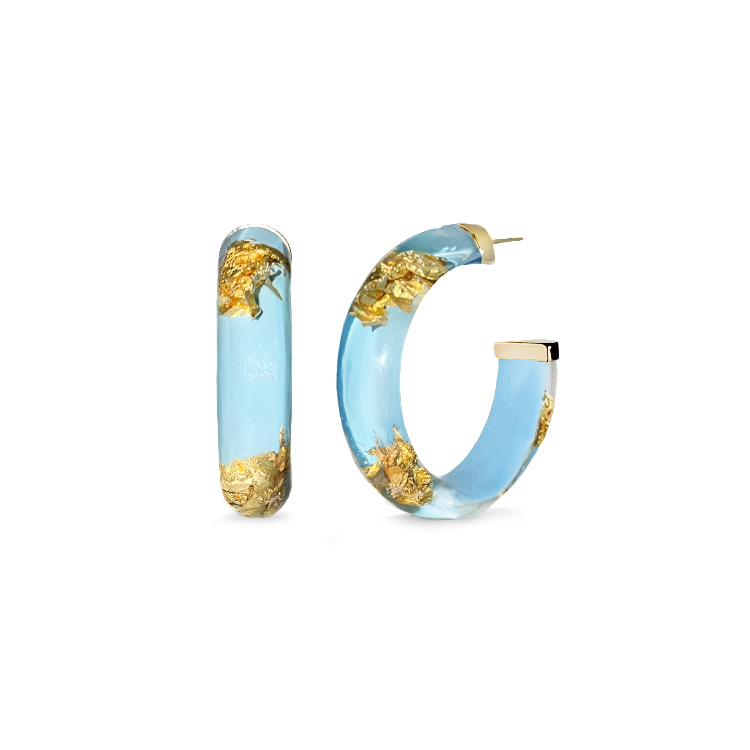 Gold Leaf Hoop Earrings In Ice Blue