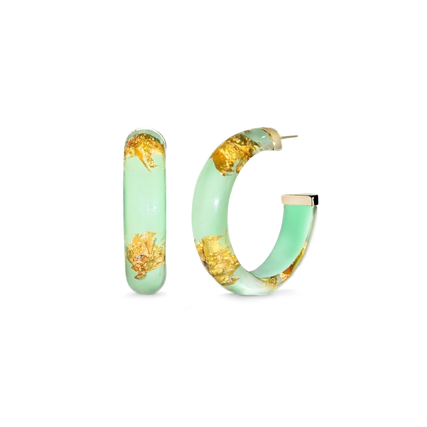 Gold Leaf Hoop Earrings In Mint Green