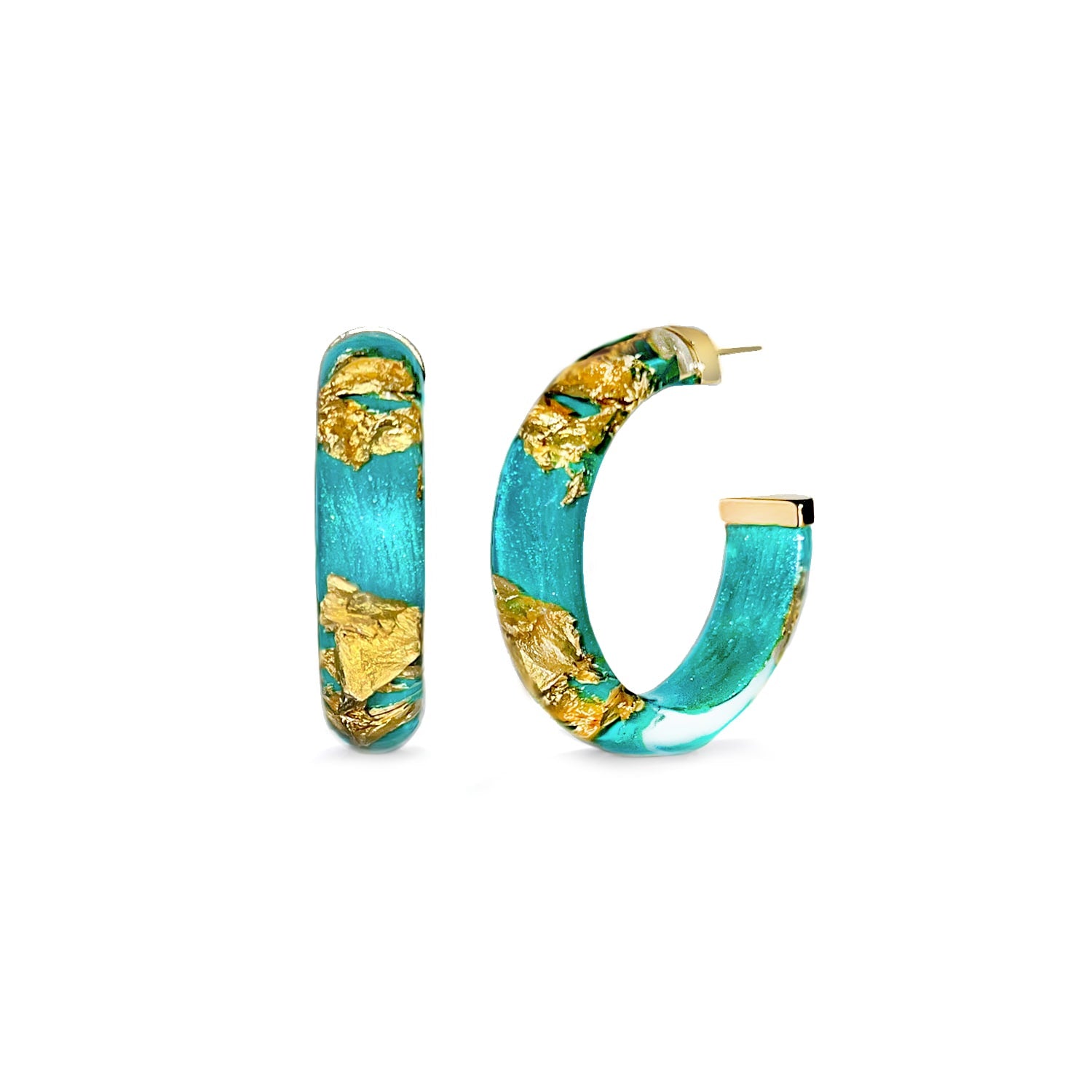 Gold Leaf Hoop Earrings In Teal