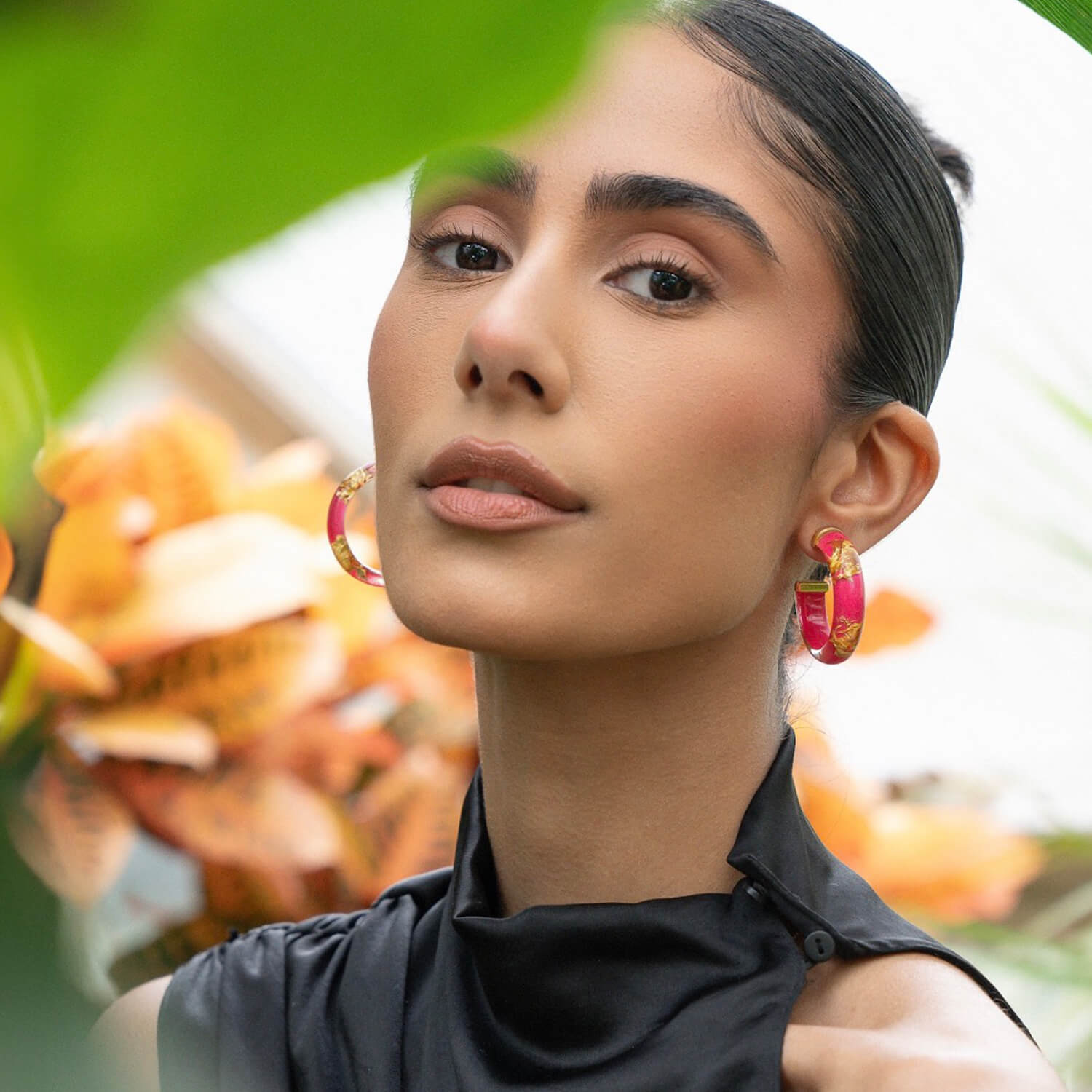 Gold Leaf Hoop Earrings In Pink