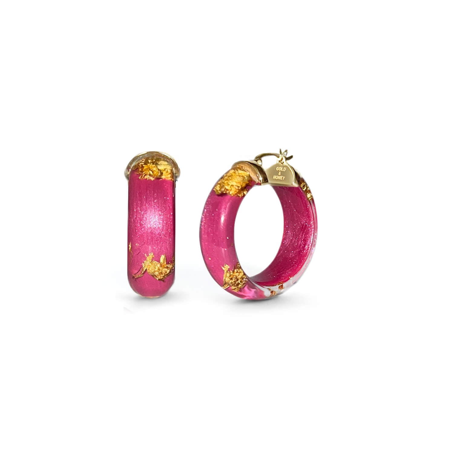 Gold Leaf Huggie Hoop Earrings In Dahlia Pink