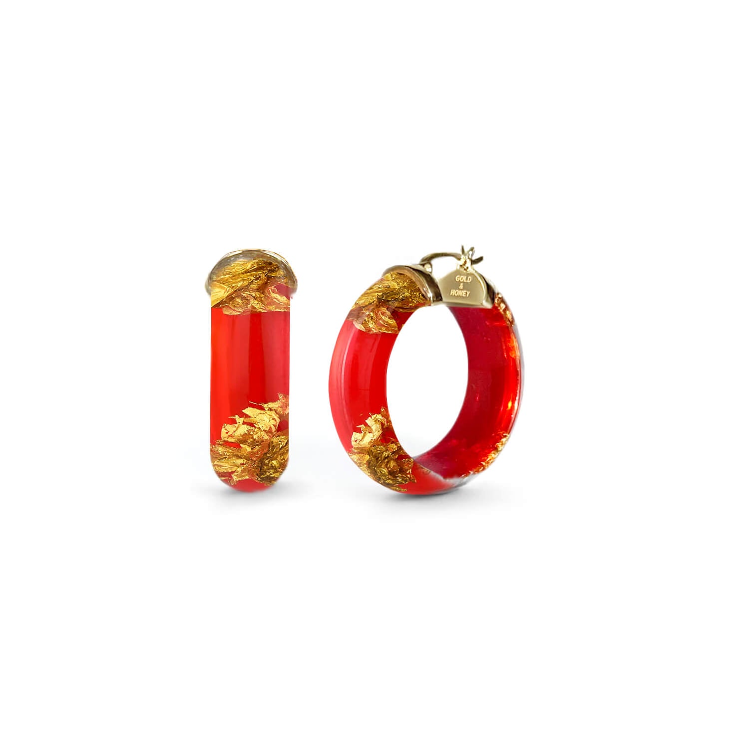 Gold Leaf Huggie Hoop Earrings In Red